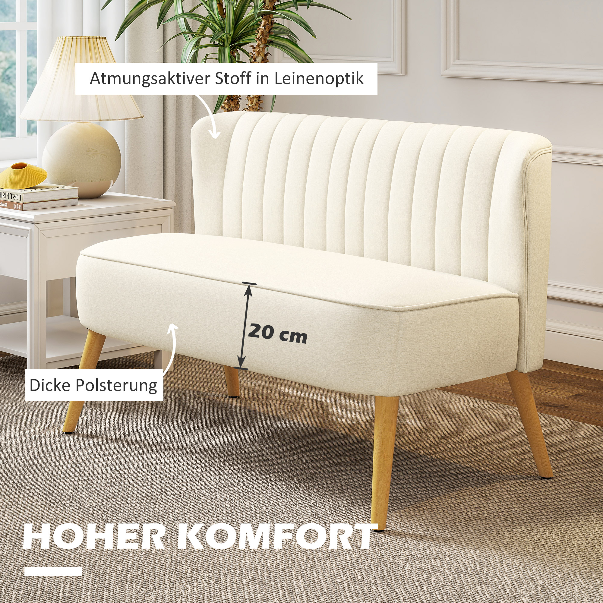 2-Sitzer Sofa, weiche Polsterung, pflegeleichter Bezug, bis 220 kg, 117 x 56,5 x 77 cm, Cremeweiß