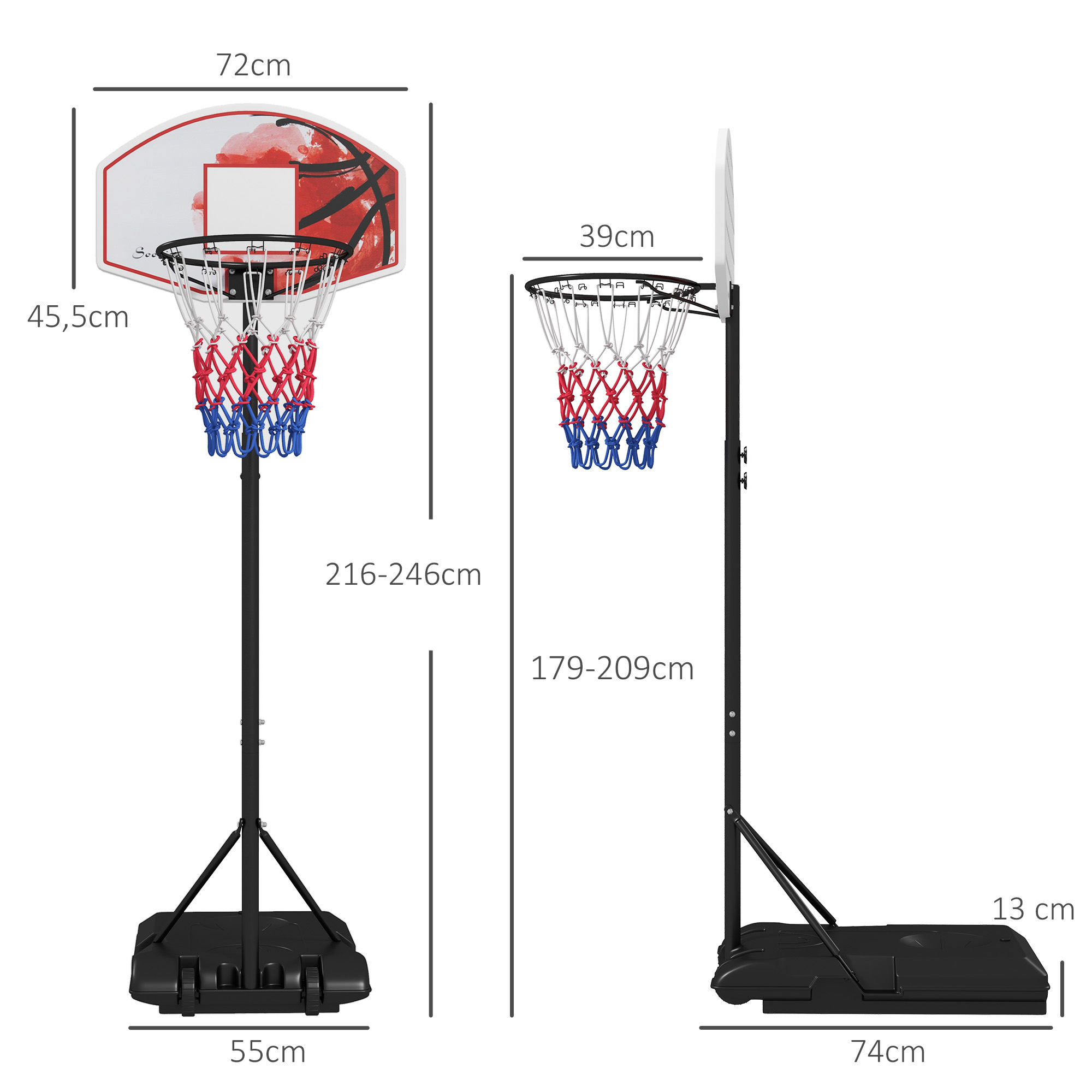 höhenverstellbarer Basketballkorb, freistehend, mit Netz und Rädern, große Basis, 179-209 cm, Kunststoff, Stahl