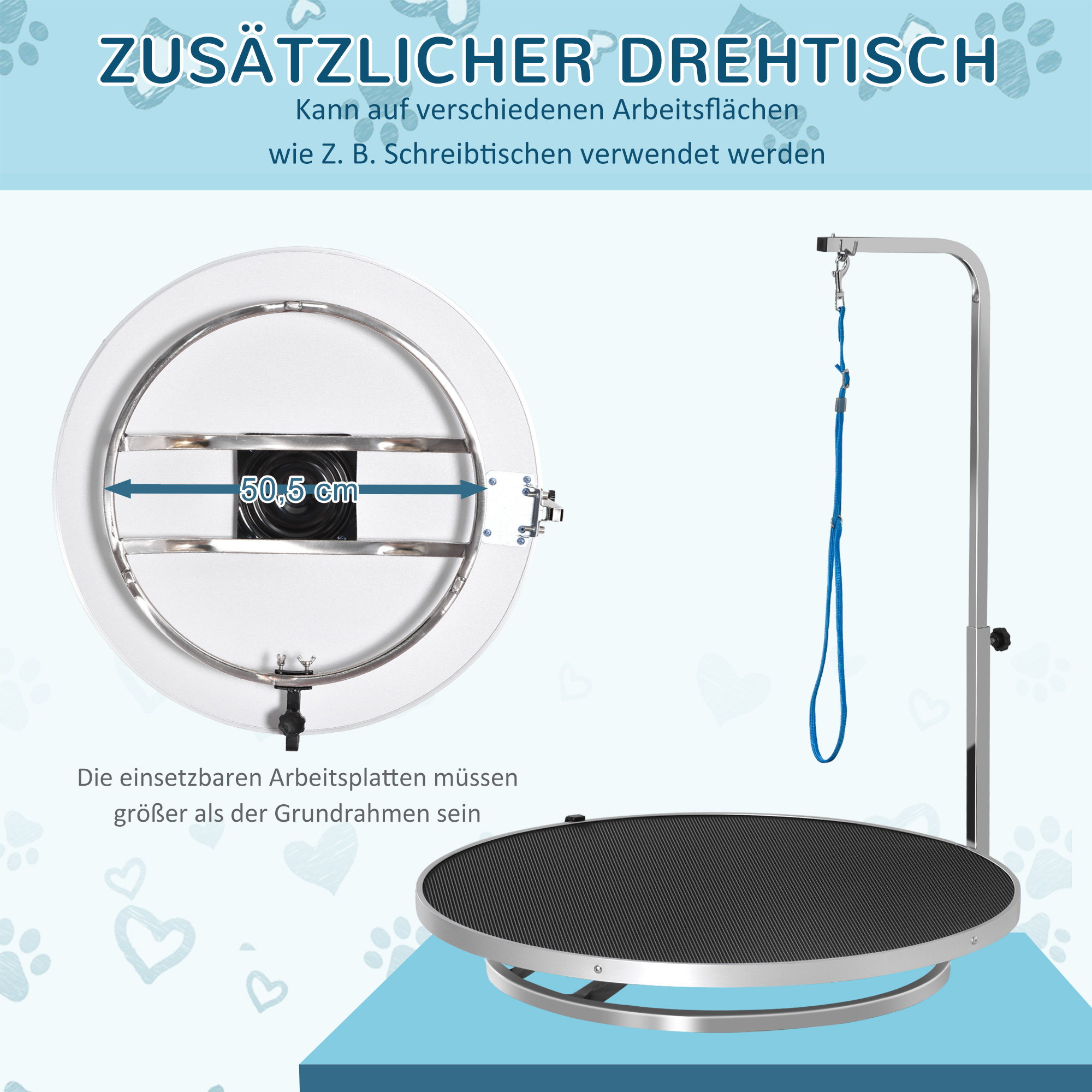 Hund Trimmtisch Tierpflegetisch drehbar trocknen Tabelle mit verstellbaren Arm rutschfeste Tischplatte Verriegelungssystem Aluminium-Legierung Rand Edelstahl Rahmen Sicherheit Leine Ø65x H10