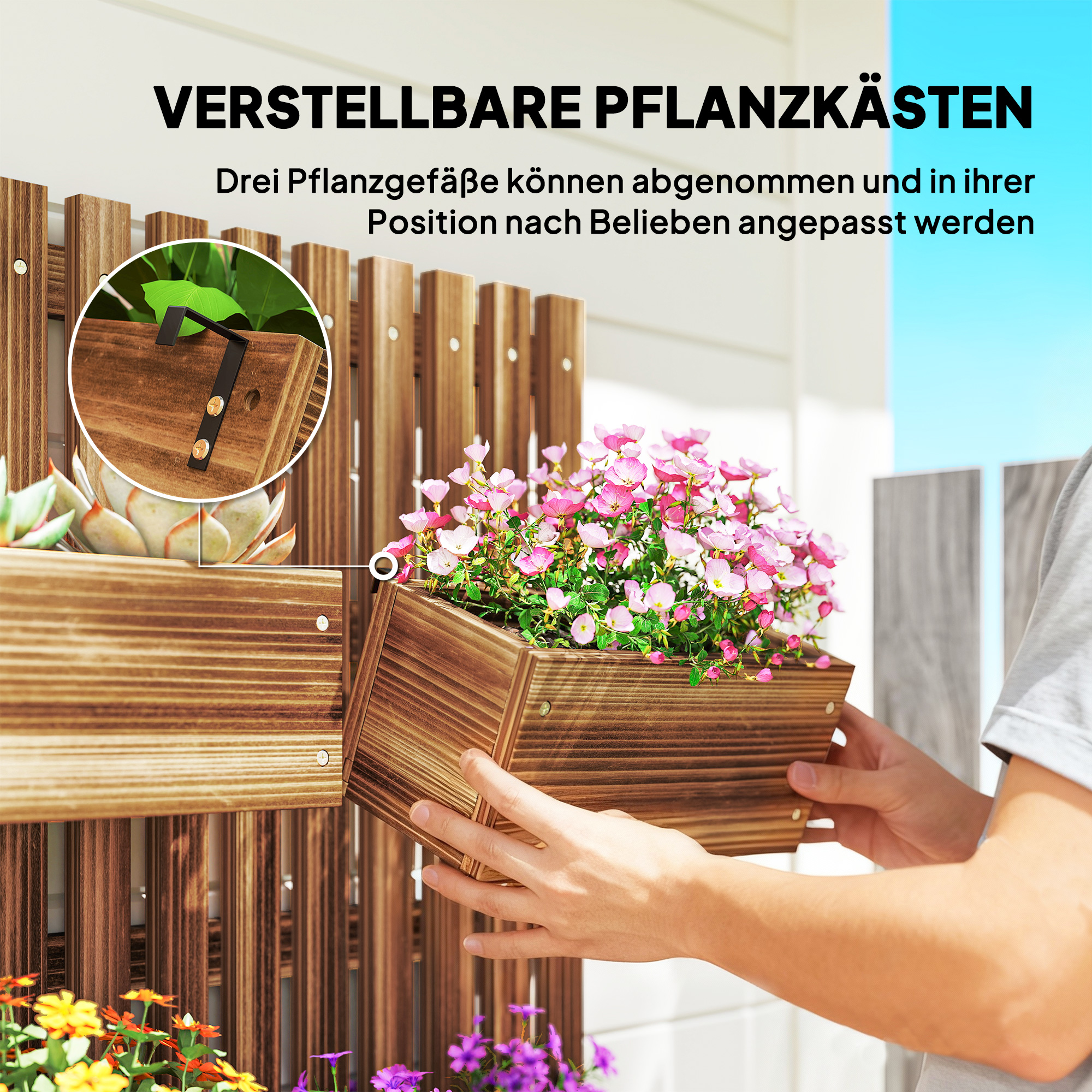 Blumenkasten-Set, Wandmontage, frei versetzbar, Massivholz, 60 x 16 x 80 cm