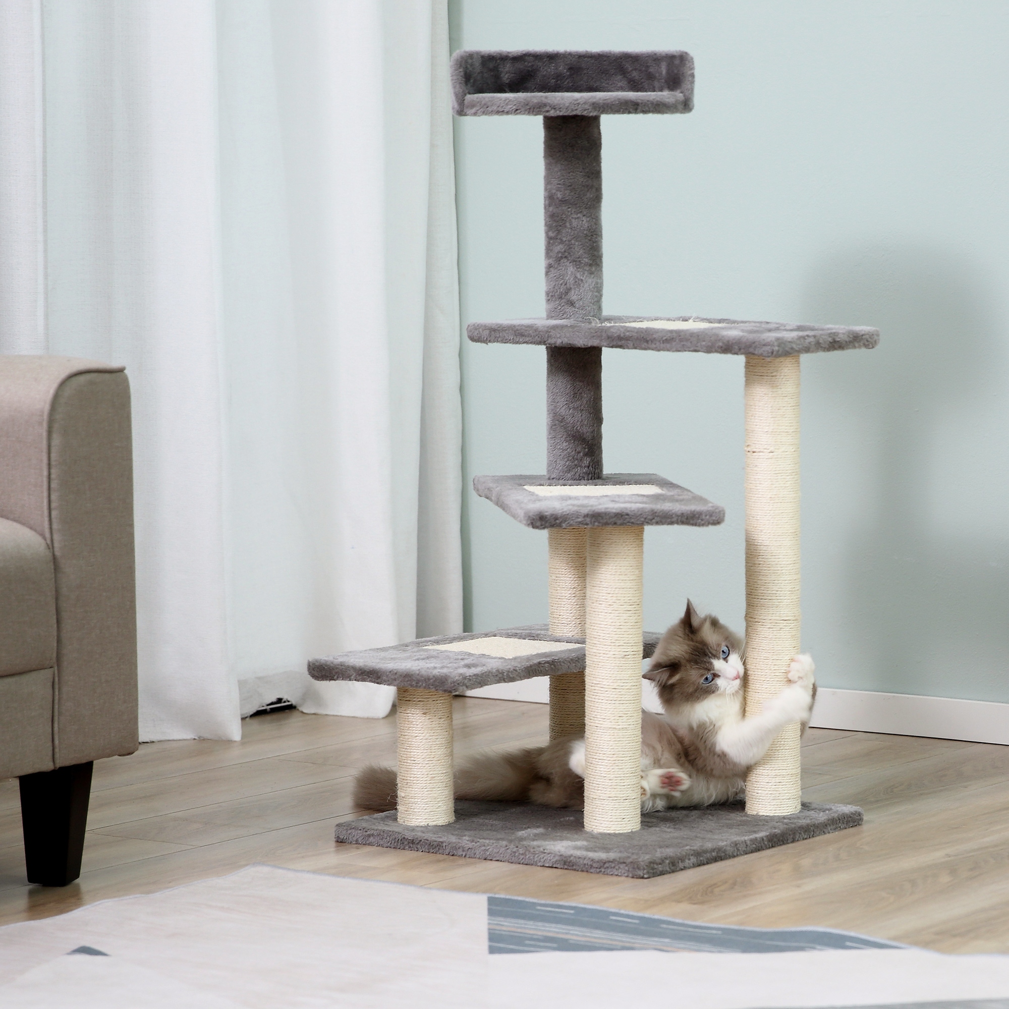 Kletterbaum Katzenbaum Spielbaum Katzenkratzbaum Treppe 5 Schichte Beige Grau 48,5 x 48,5 x 100 cm (LxBxH)