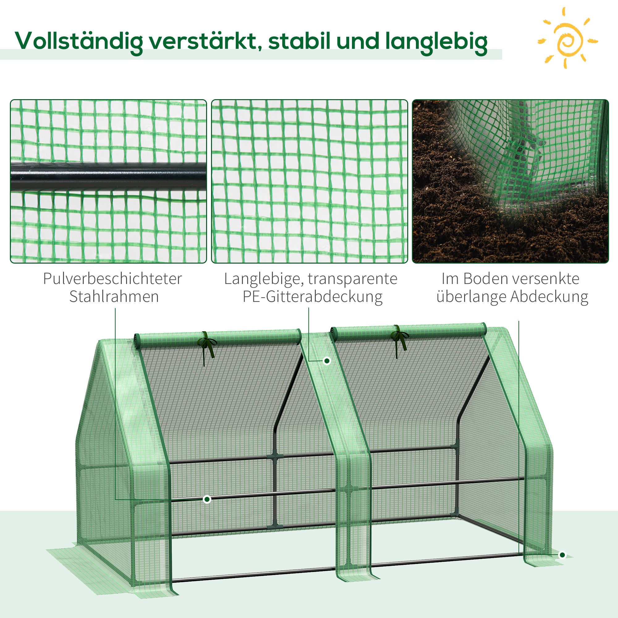 Gewächshaus mit 2 Rollfenster, PE-Gitterfolie, Foliengewächshaus aus Stahl, Treibhaus für Balkon, Garten, Tomatenhaus 180x90x90cm, Tomatengewächshaus für Gemüse, Blumen, Pflanzen, Grün
