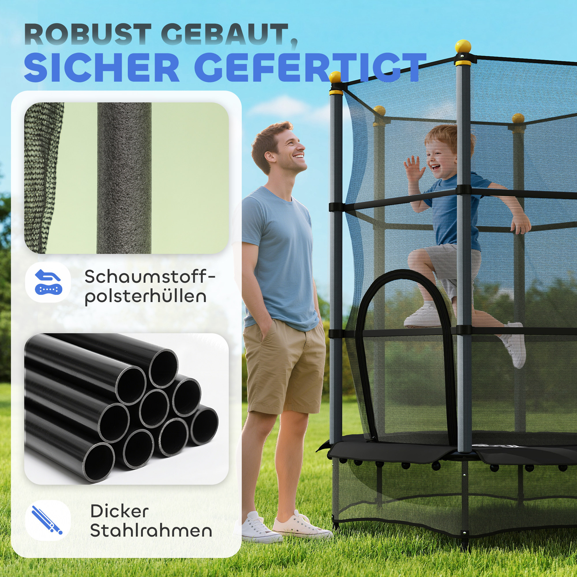 Trampolin für Kinder, Ø140 cm, mit Sicherheitsnetz, für innen und außen, Stahl, Kunststoff, belastbar bis 50 kg, Schwarz