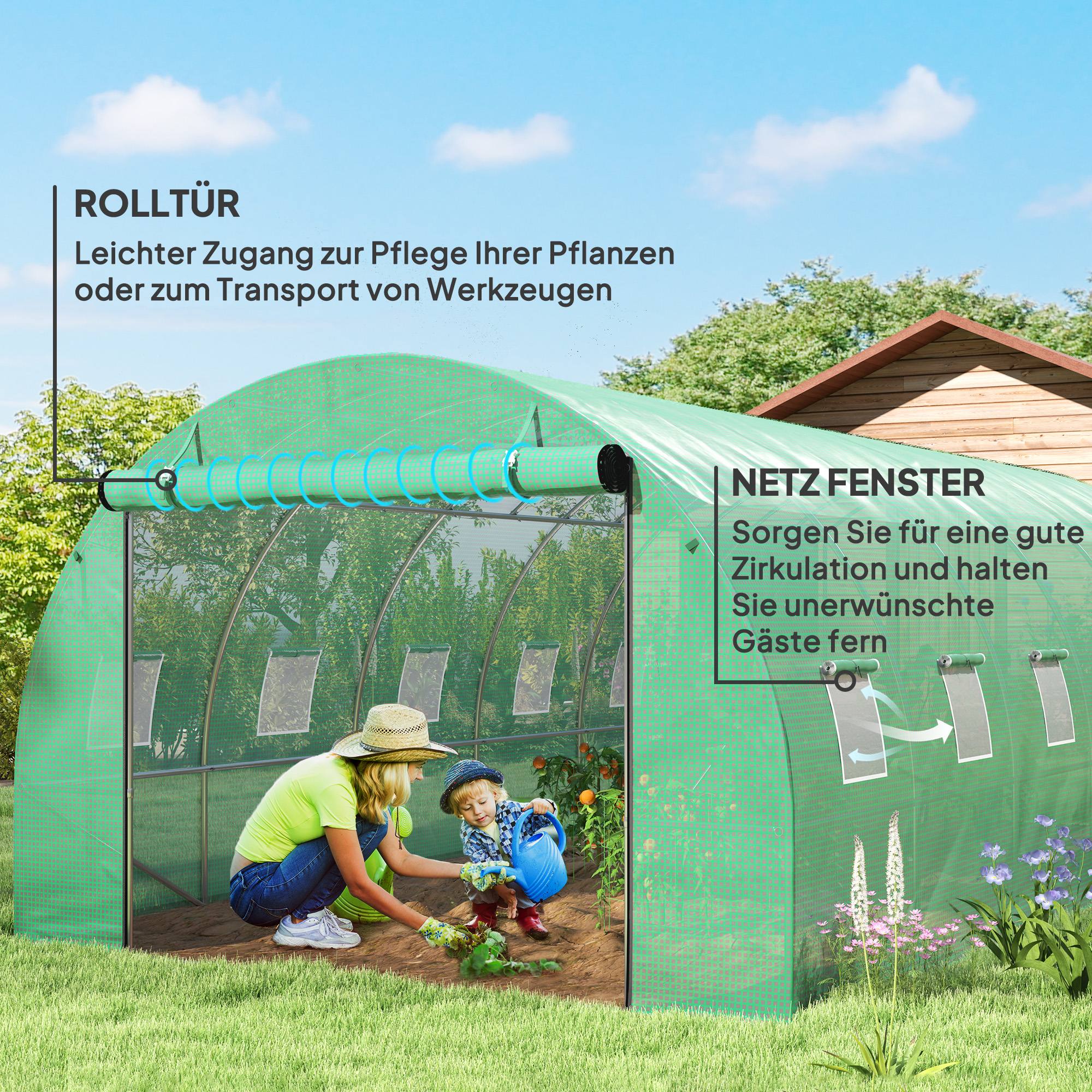 Polytunnel Gewächshaus mit Kunststoff-Abdeckung und Stahlrahmen, begehbares Gewächshauszelt mit Rolltüren, Grün