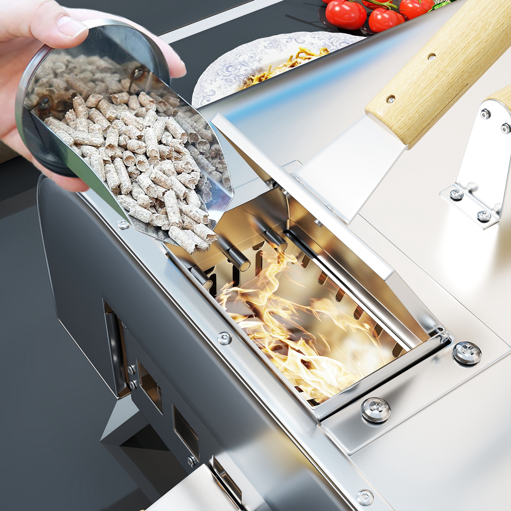 Outdoor-Pizzaofen, Tragbarer Pizza-Ofen mit Pizzastein und Schaufel, klappbare Beine, Schornstein, Edelstahl