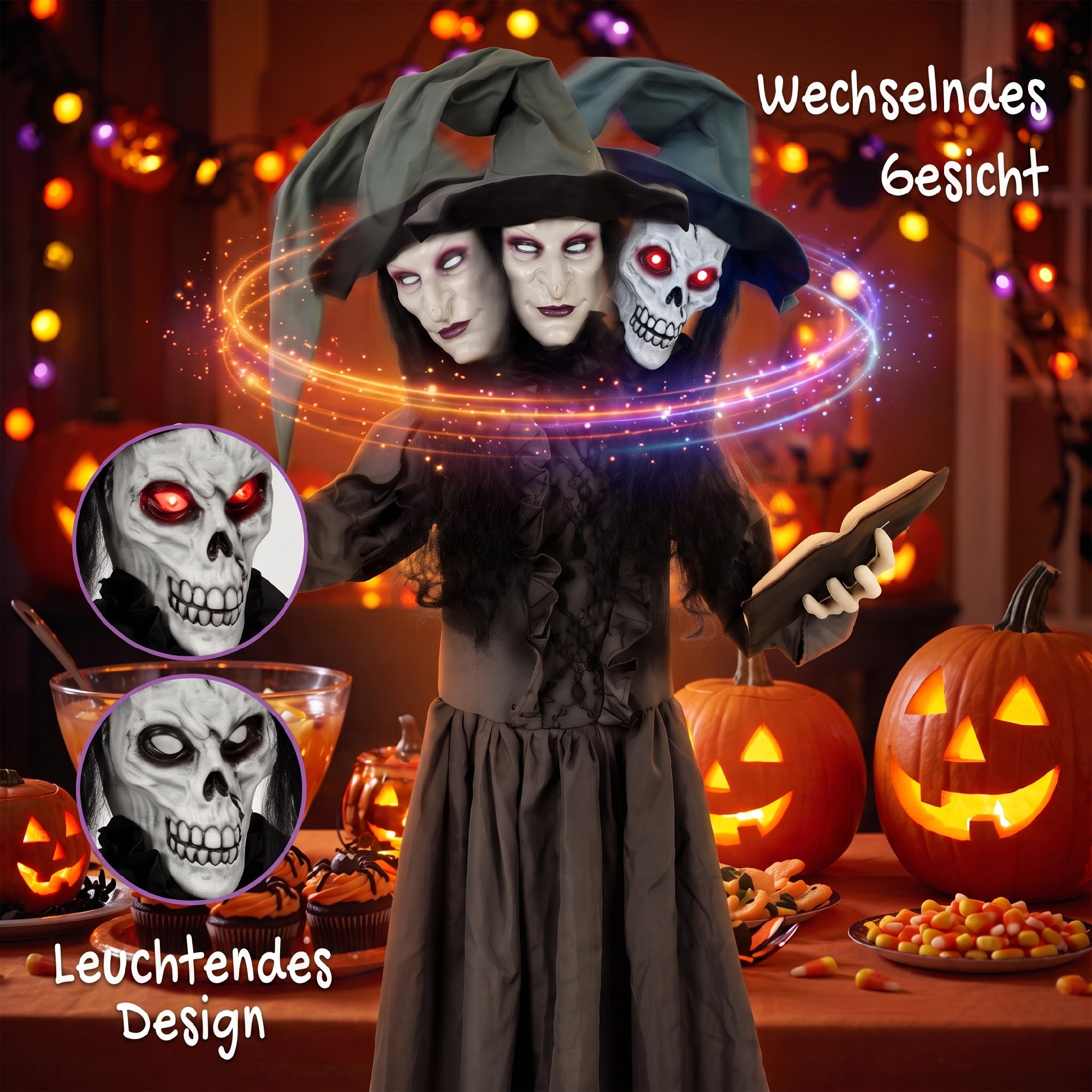180 cm Halloween Animierte Hexe Dekoration Lebensgroß mit leuchtenden Augen, Gruseliger Sound, Berührungsaktivierung
