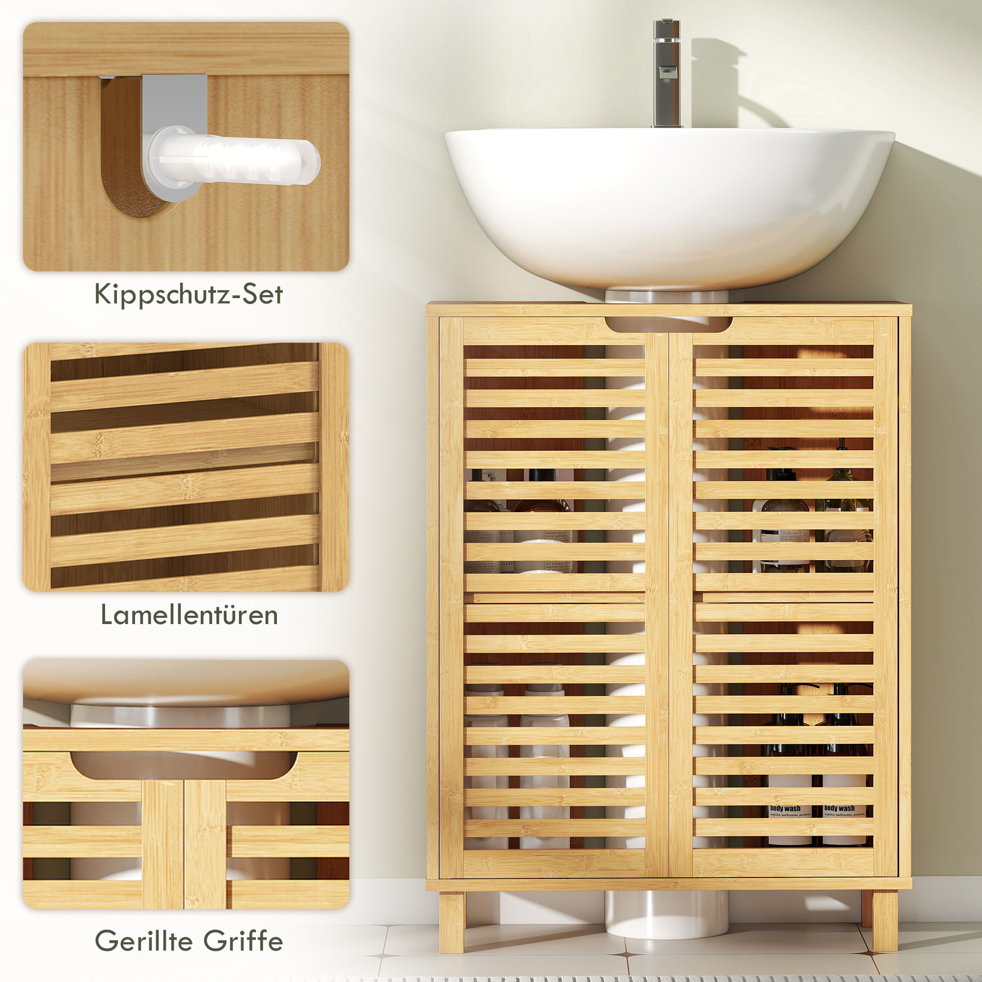 Waschbecken-Unterschrank für Badezimmer, Badschrank mit Lamellentüren, Bambusholz, verstellbare Regale, Natur