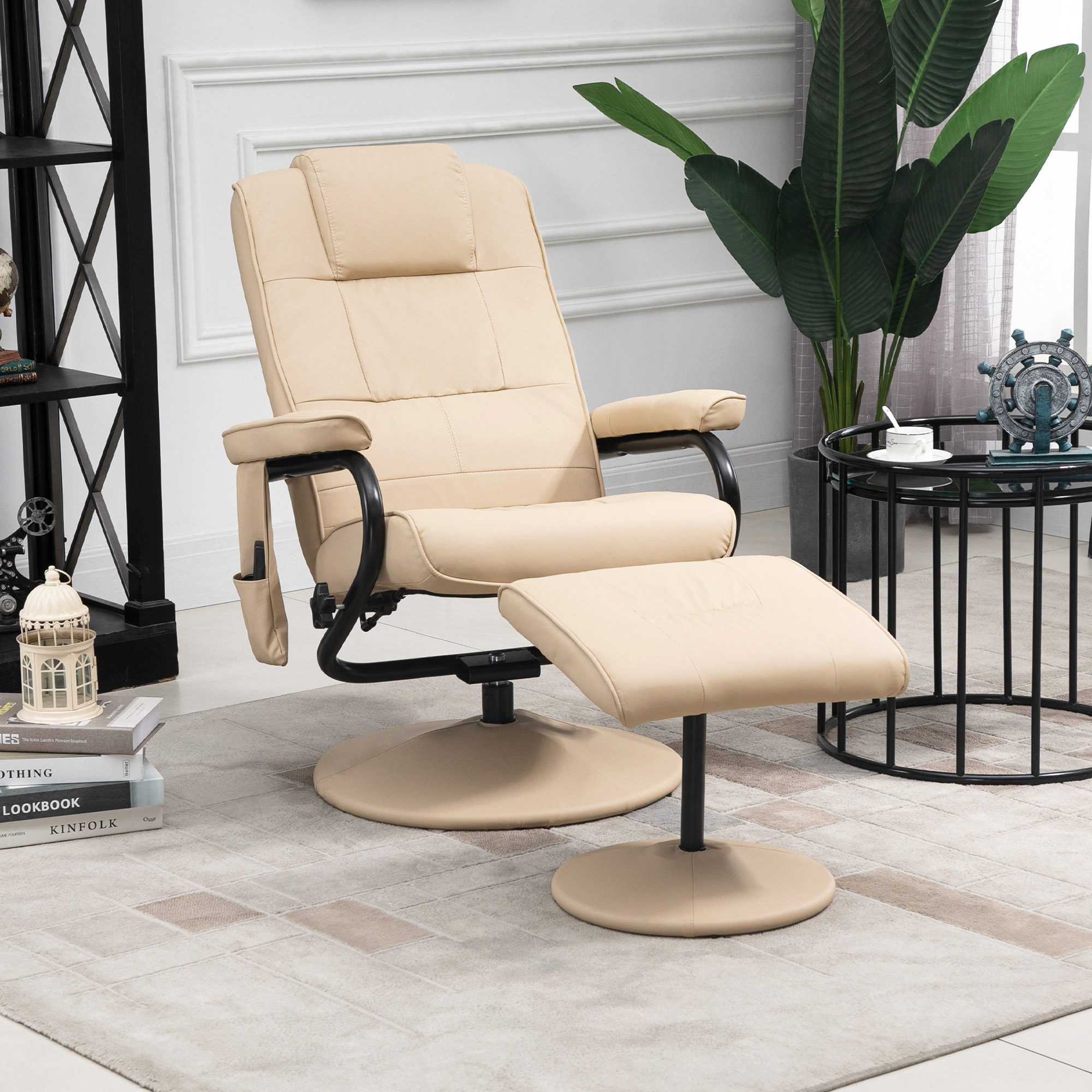 Massagesessel mit Hocker, Drehbares Relaxsessel mit Massagefunktion, Fernsehsessel mit Liegefunktion, Fernbedienung für Wohnzimmer, Kunstleder, Creme
