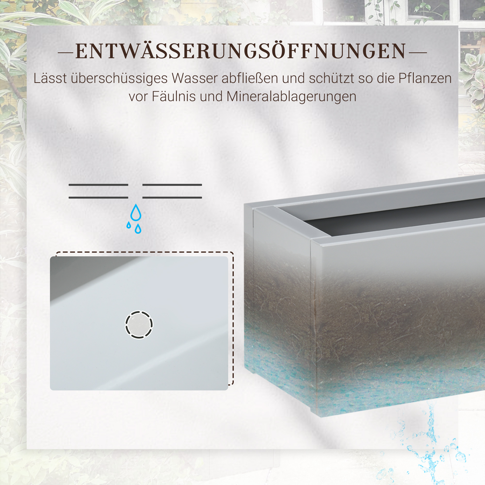 Pflanzkübel, lackierter Stahl, wetterbeständig, 91 cm x 22 cm x 22 cm, Grau