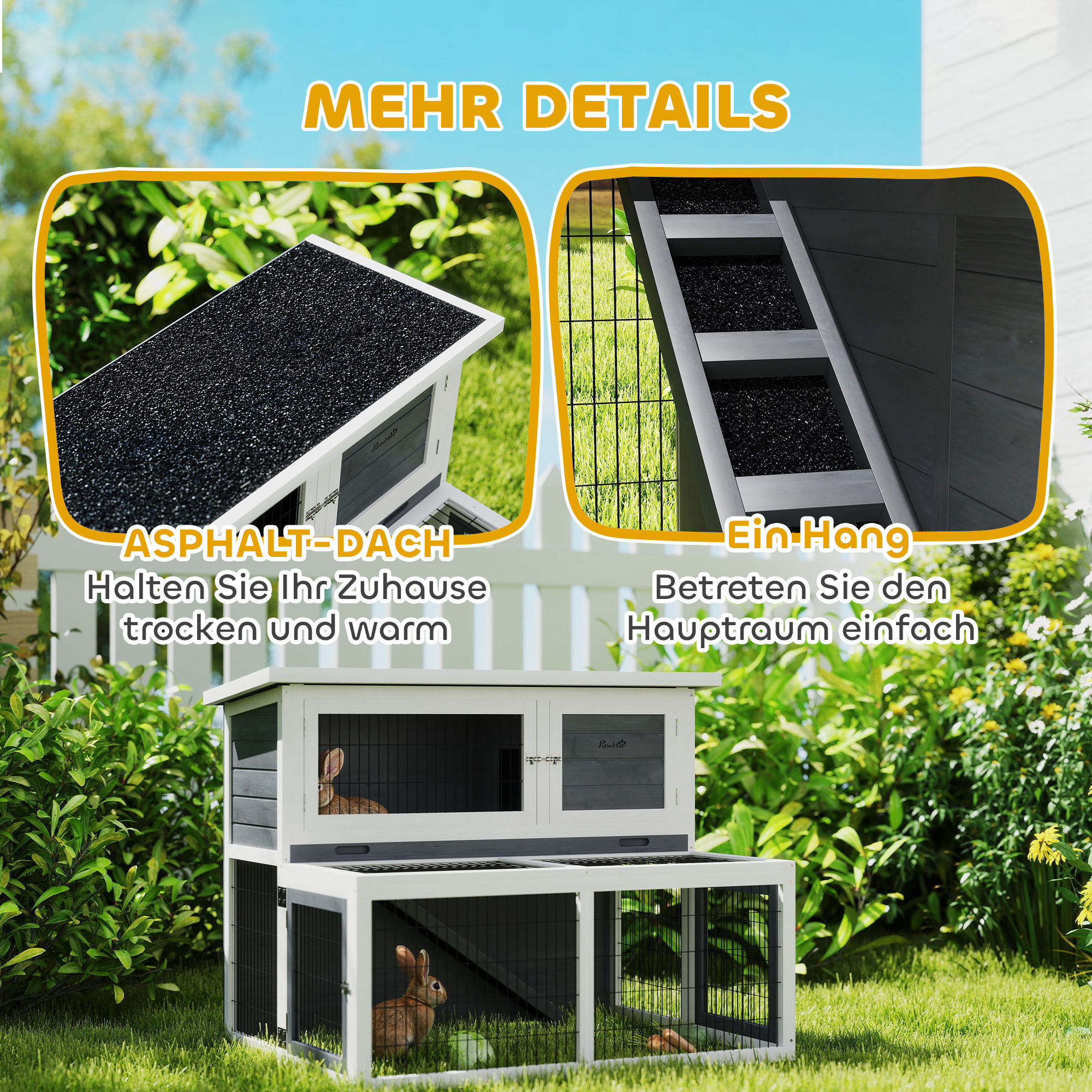 Hasenstall 2 Ebenen mit klappbar Dach Kaninchenstall aus Vollholz Winterfest Doppelstockhaus 122x95x93,5 cm Grau