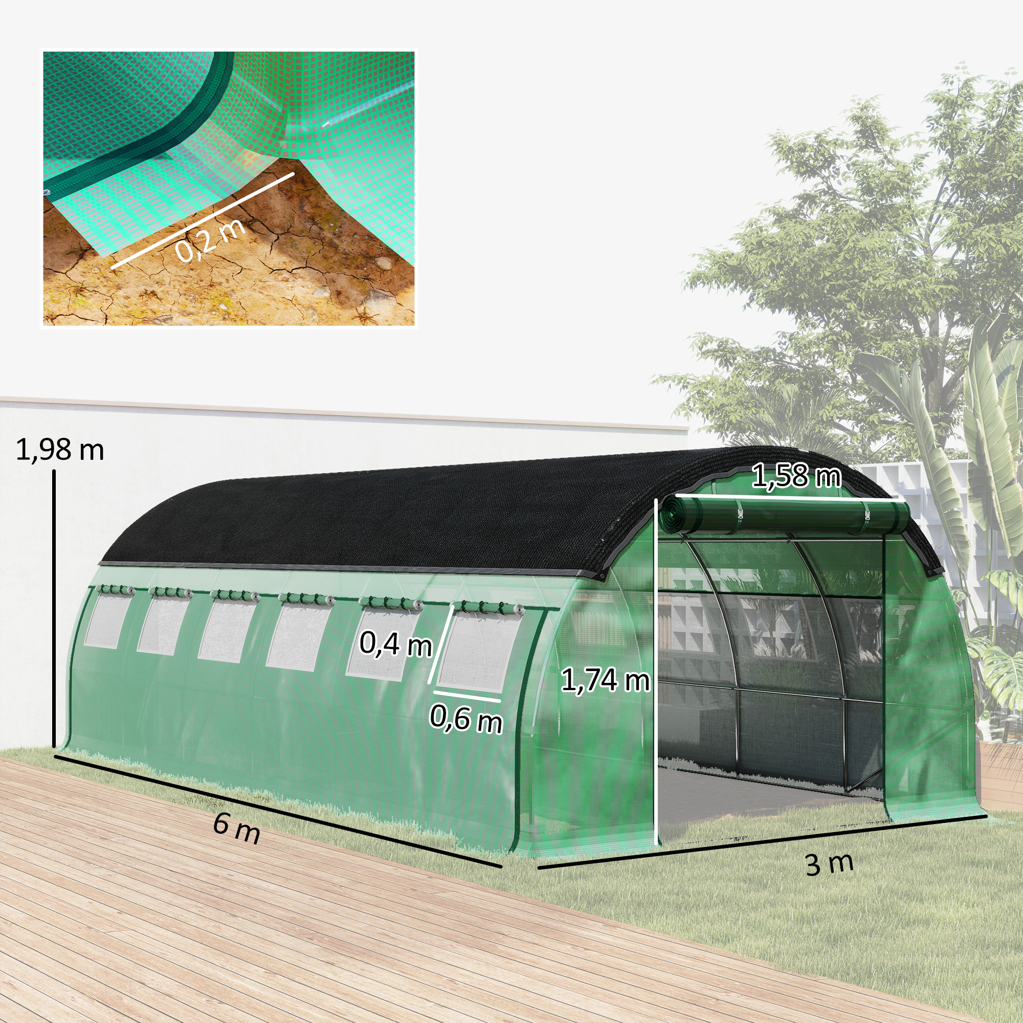 6 x 3 x 2 m Polytunnel-Gewächshaus mit Sonnenschutznetz, rollbaren Seitenwänden, Kunststoff-Abdeckung, Stahlrahmen, Grün