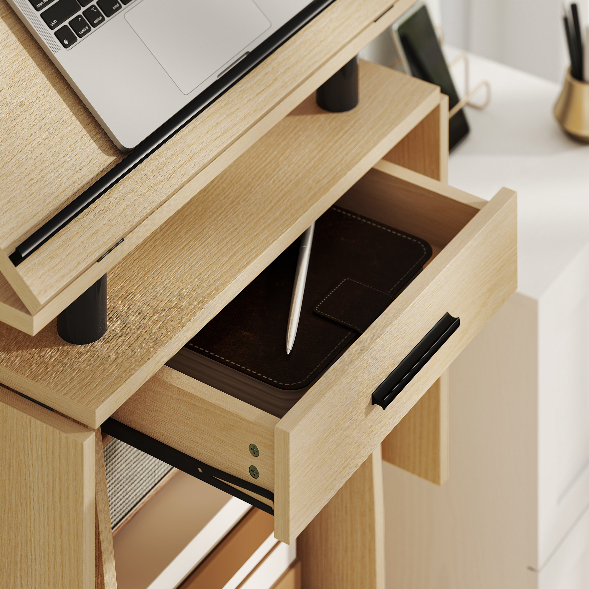 rollbarer Podiumsständer, Redepult mit klappbaren Seitenflügeln, Laptop-Tisch mit Schublade und Regalen, Eichenoptik