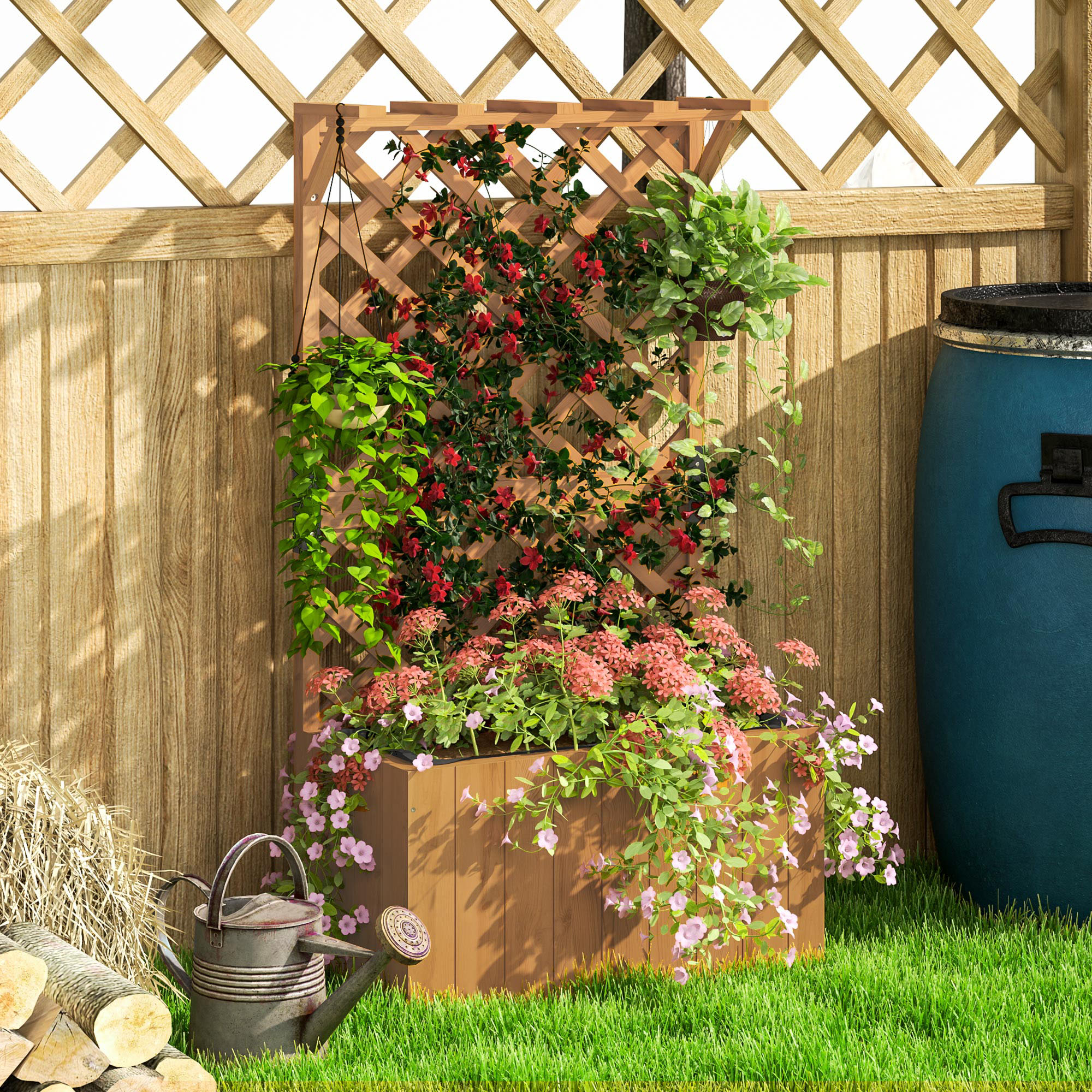 Hochbeet Pflanzkasten mit Rankgitter, Spalier Pflanzkübel Blumenkasten Holz, Gartenspalier 64 x 33 x 122cm Naturholz