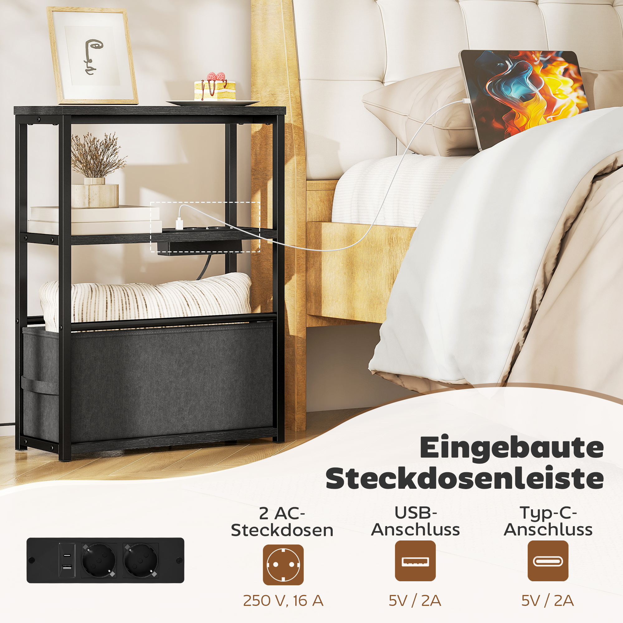 Beistelltisch Sofatisch mit Steckdosenleiste, Ablage, für Kleine Räume, 45x18x60,2cm, Schwarz