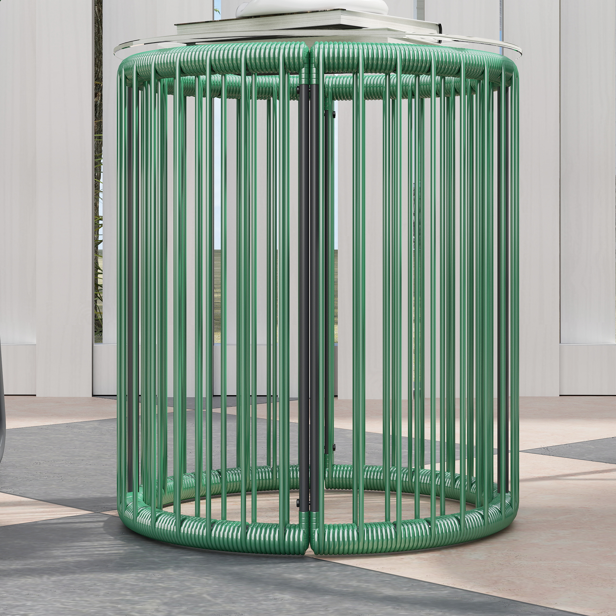 3-teiliges Outdoor-Möbelset, 1 Tisch, 2 Stühle, Glastischplatte, Kunststoff-Rattan um Stahlrahmen, weiche Kissen, Grün