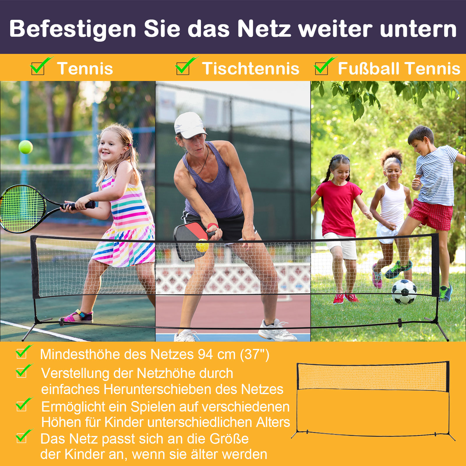 Badmintonnetz 2-Fach-höhenverstellbar Volleyballnetz Tennisnetz Transporttasche 94/158cm Schwarz+Grün