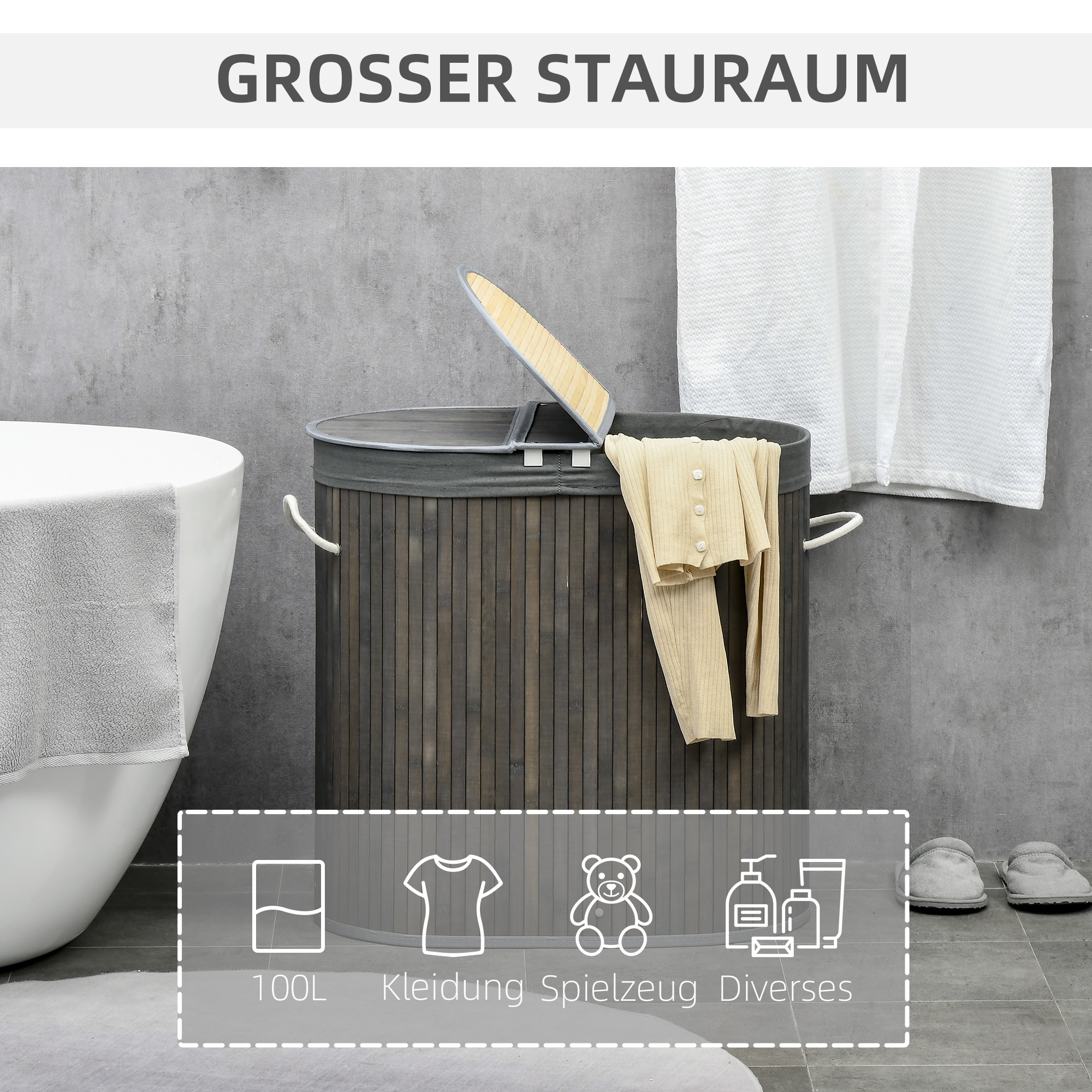 100 L Wäschekorb mit Deckel, Griff, 2 Abschnitte, herausnehmbarer Wäschesack, für Schlafzimmer, Badezimmer, Bambus, Grau