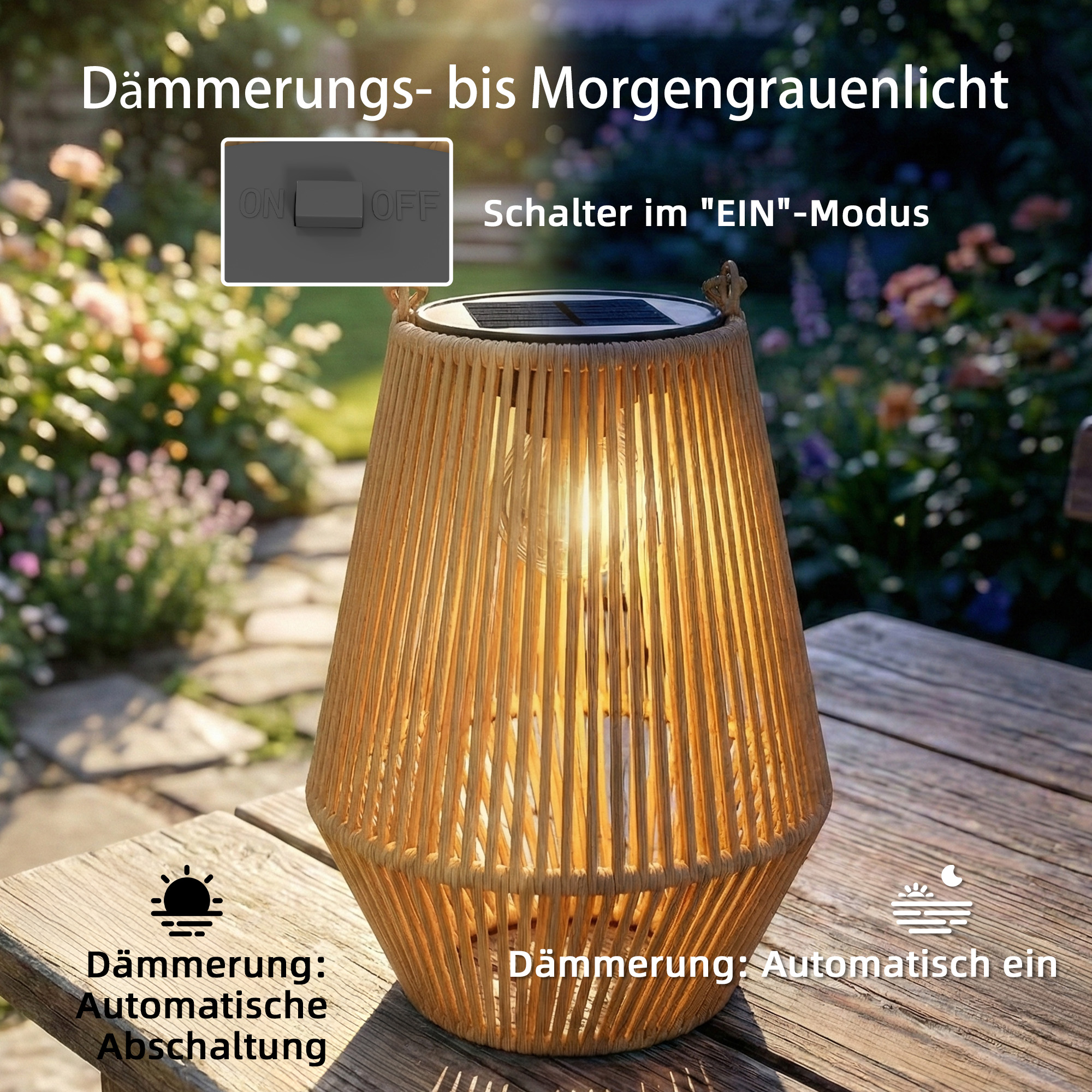 Solar Stehlampe 2er Set Rattan Hängend Solarlampen mit Lichtsensor IP44 wasserdichte Solarlampe für Garten Balkon Braun