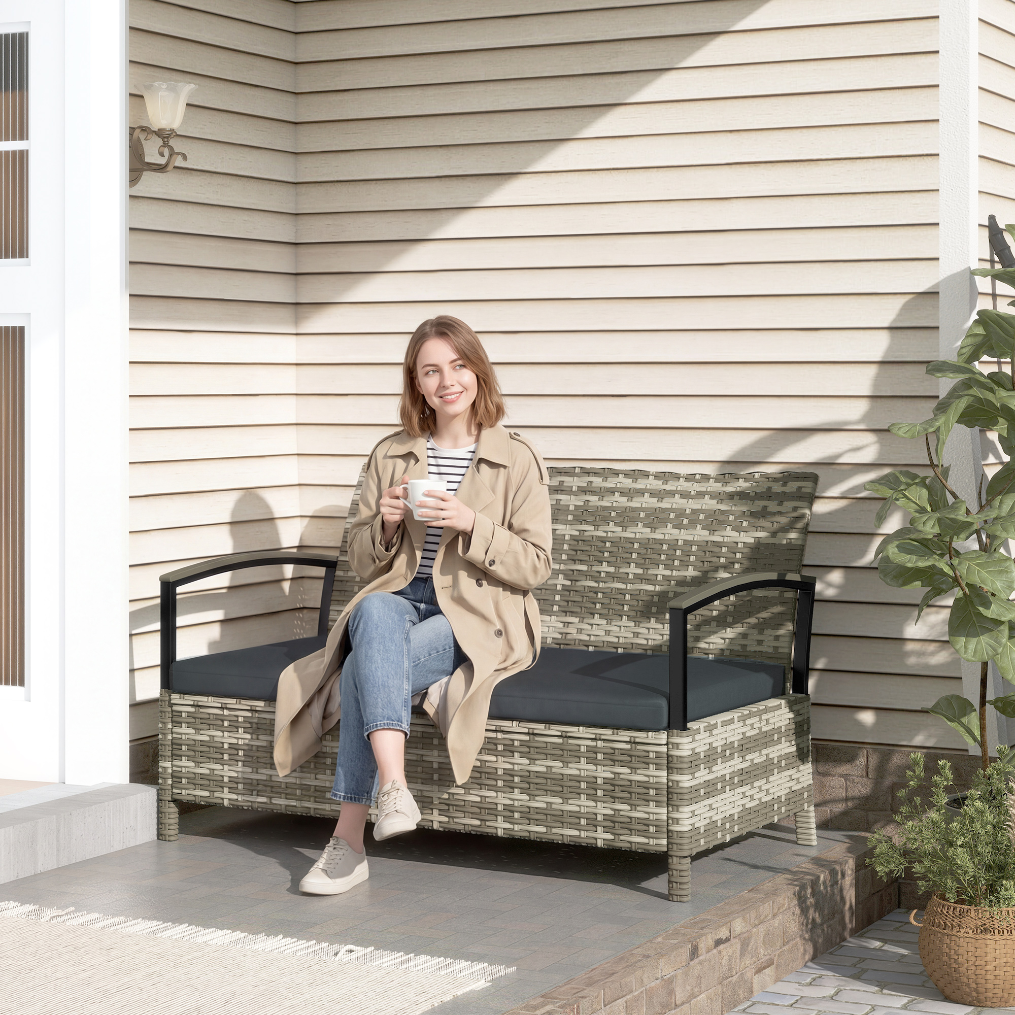 Gartenbank mit Stauraum 2-Sitzer Sitzbank mit Kissen Haltegriffen 125L Poly Rattan 123 x 70 x 82 cm Dunkelgrau