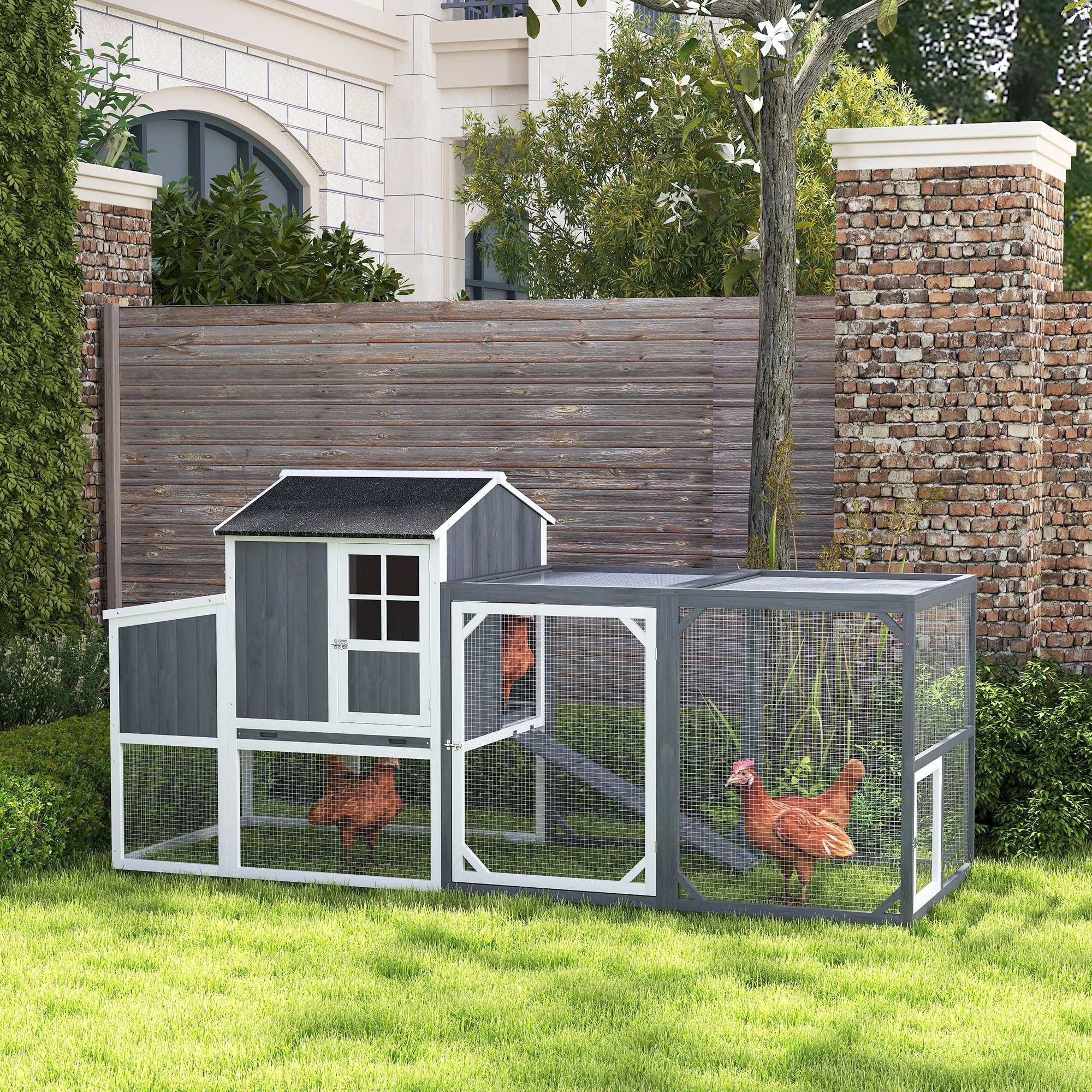 Hühnerstall mit Auslauf für 3-4 Hühner, 3-tlg. Nistkasten, 1,9 m² Fläche, Tannenholz, Grau