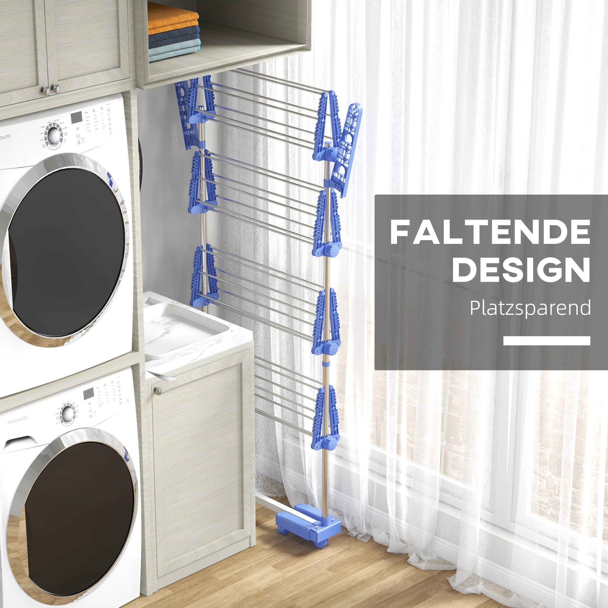 Wäschenständer Wäschetrockner 5 Ebenen, klappbar, One-Klick-System, 142 cm x 55 cm x1 72 cm, Blau + Silber