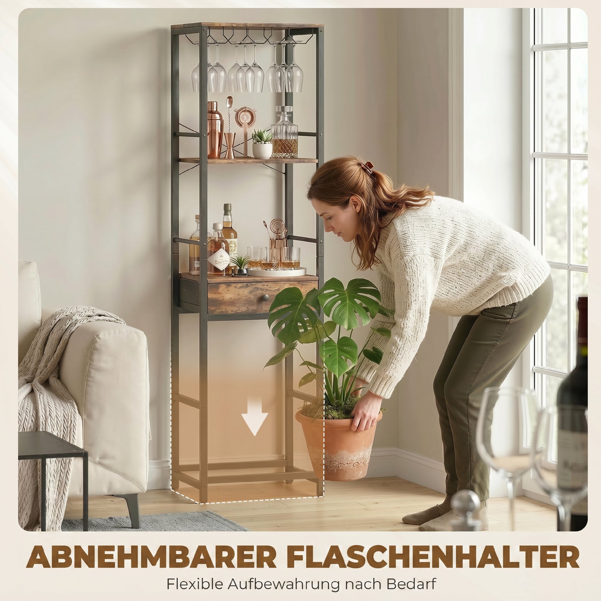 Weinbar-Schrank mit Schublade, Industrieller Barschrank, Weinregal für 12 Flaschen, Glashalter, Rustikal Braun