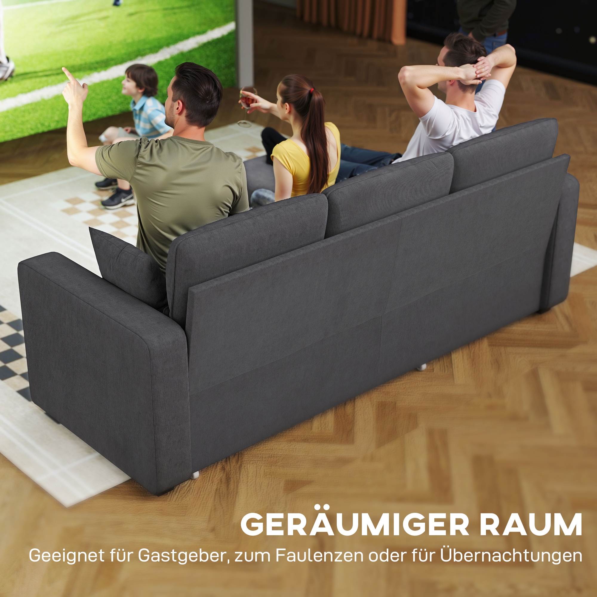 Verstellbares Bettsofa, L-förmiges Gästesofa mit Bettfunktion, Stauraum, Kissen, für Wohnzimmer, Gästezimmer, Dunkelgrau