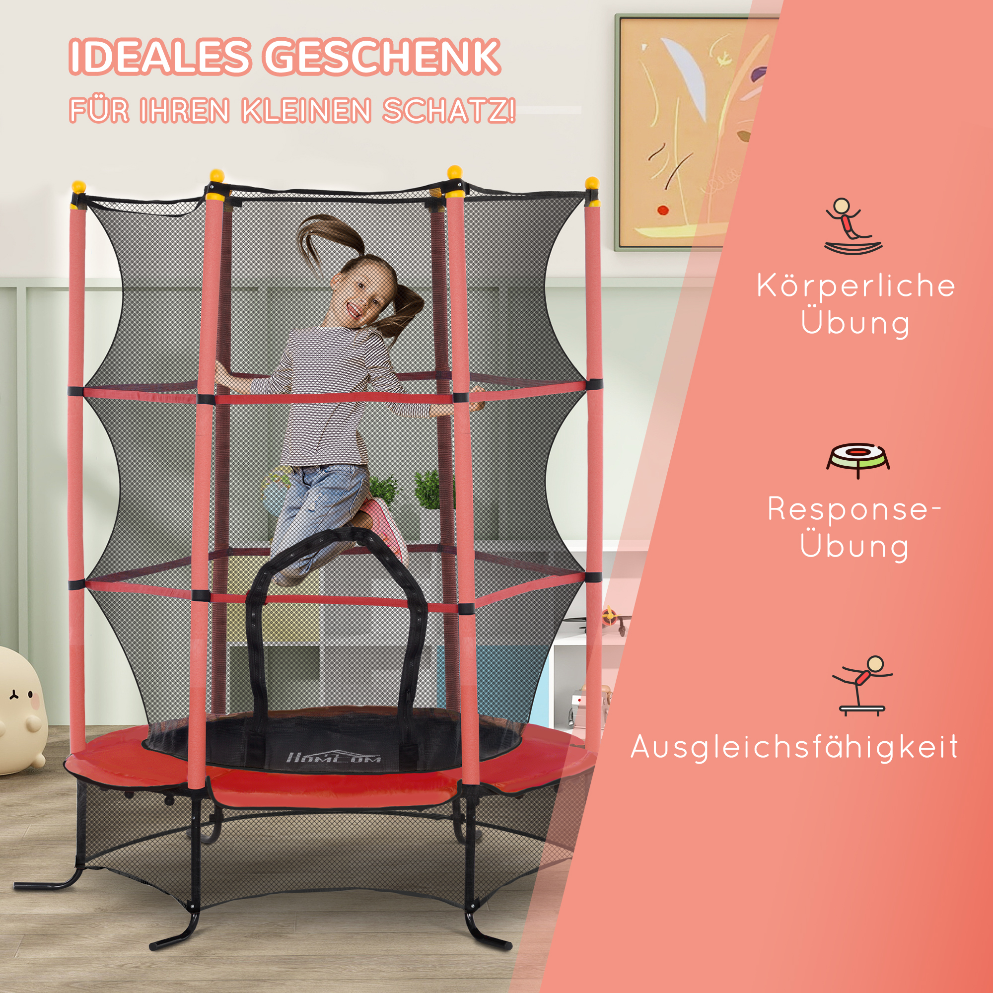Trampolin für Kinder, Ø163 cm, mit Sicherheitsnetz, für drinnen und draußen, Belastung bis 50 kg, Stahl, Kunststoff, Rot