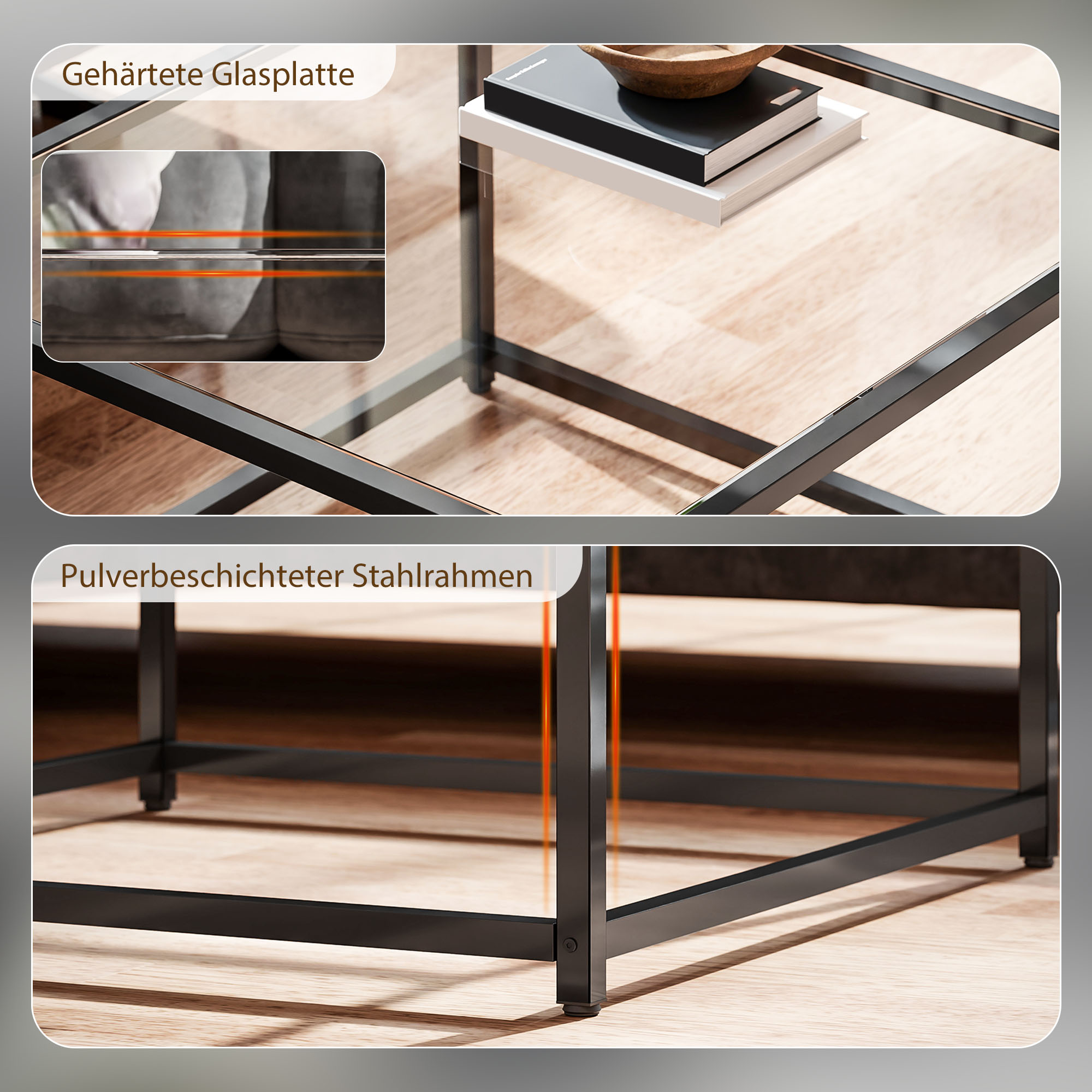 Beistelltisch Quadratisch Nachttisch mit Hartglas-Tischplatte, Couchtisch mit Beinen aus Stahl 68 x 68 x 39 cm Schwarz