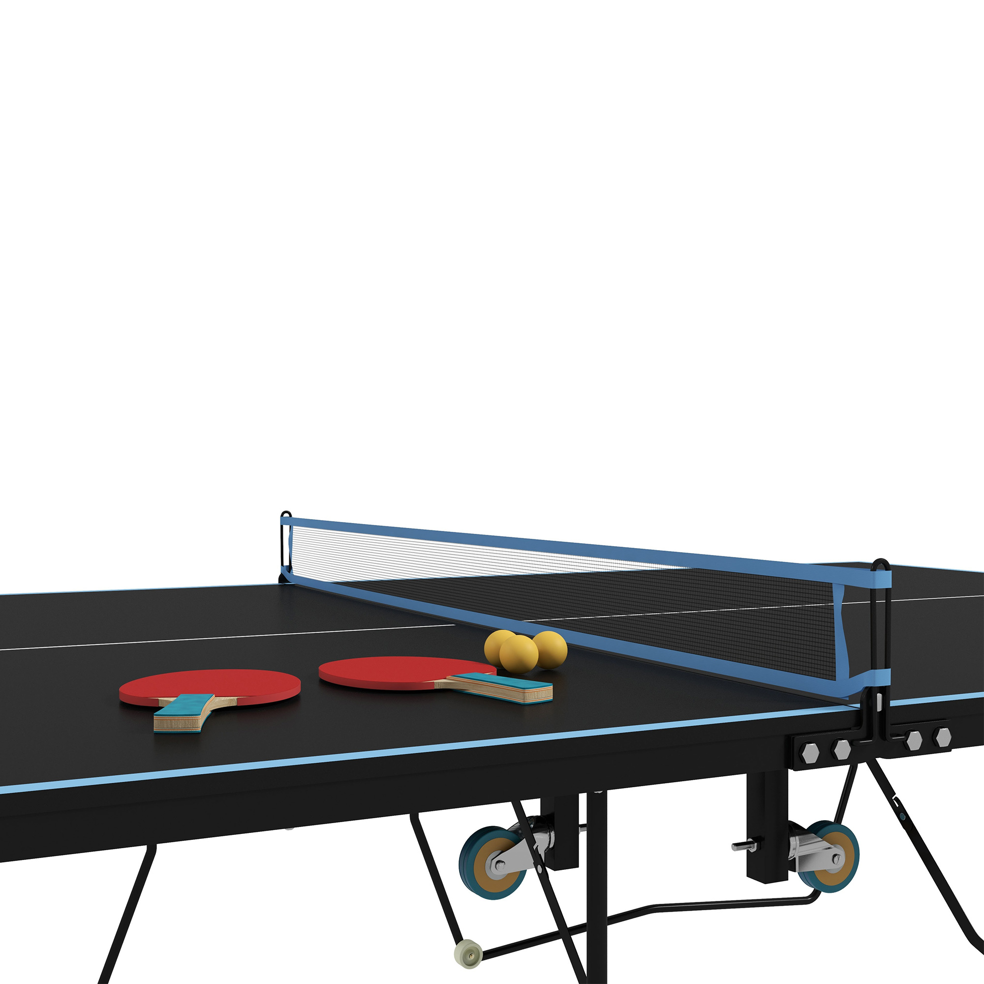 Tischtennisplatte, klappbar, 8 Räder, pulverbeschichteter Stahlrahmen, MDF, 274 x 152,5 x 76 cm, Schwarz