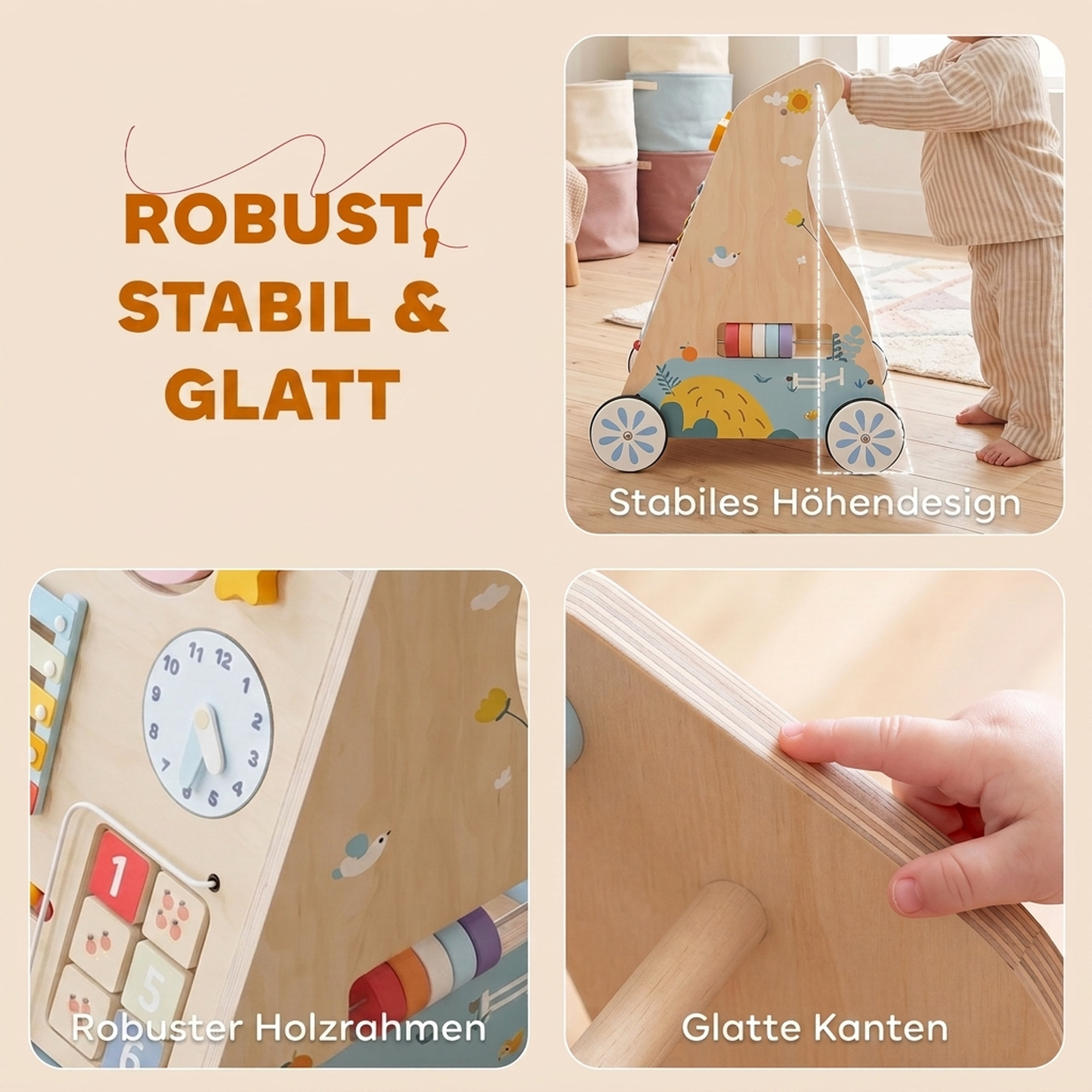 3-in-1 Baby Lauflernwagen Lauflernhilfe mit abnehmbar doppelseitig Aktivitätstafel Tasche Rädern für 1-3 Jahre