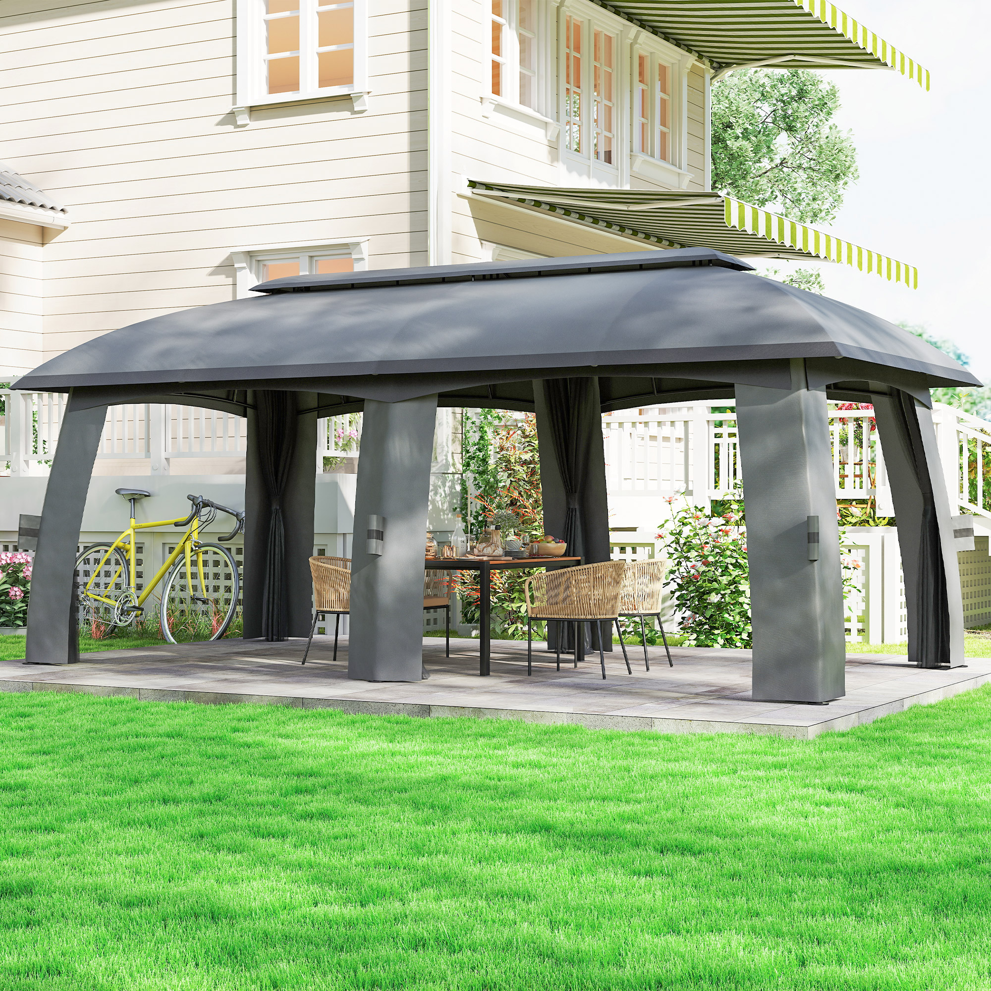 Pavillon, Partyzelt, mit Fliegennetzen, Winddach, bis 15 Personen, dunkelgrau, 3 x 6 x 3 m