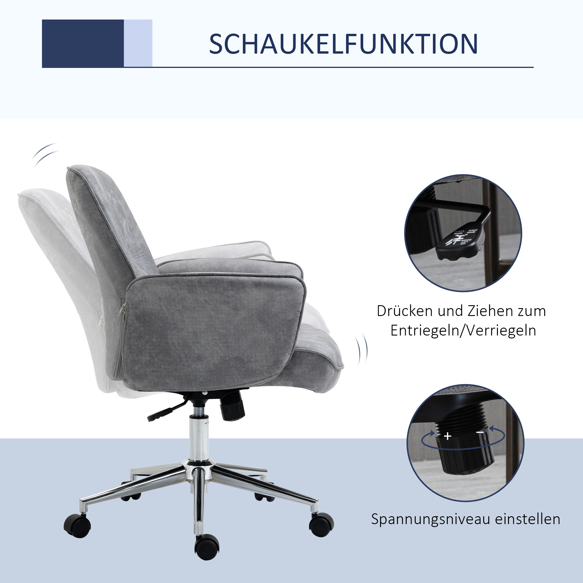 Bürostuhl mit Wippfunktion Schreibtischstuhl höhenverstellbarer Drehstuhl ergonomischer Arbeitsstuhl modern Belastbar bis 120 kg Mikrofaser Hellgrau 67 x 69 x 92-102 cm
