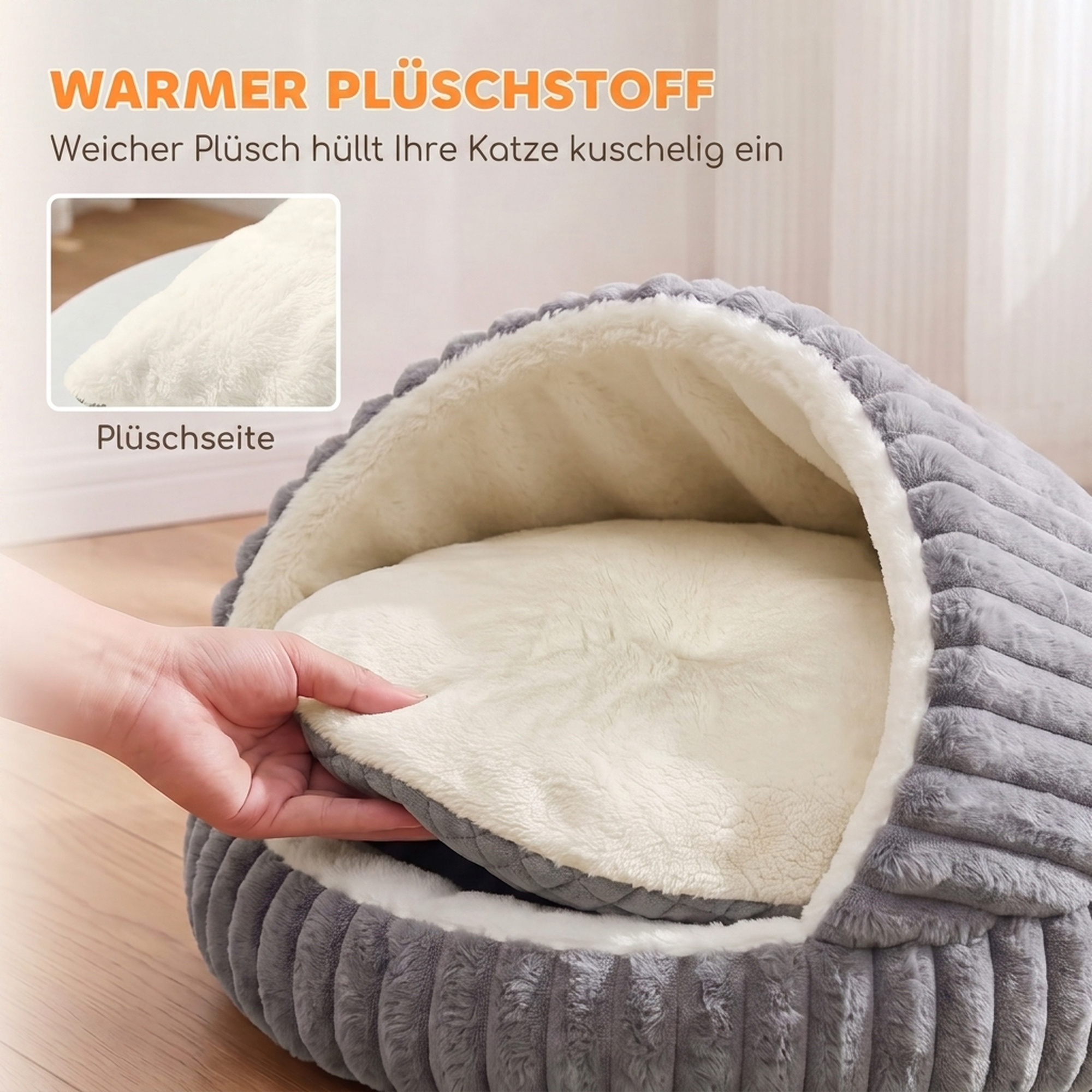 Katzenbett Plüsch Katzenhöhle mit abnehmbarem Kissen, Rutschfester Boden, Waschbar Katzenkorb, für Katzen bis 5 kg, Grau