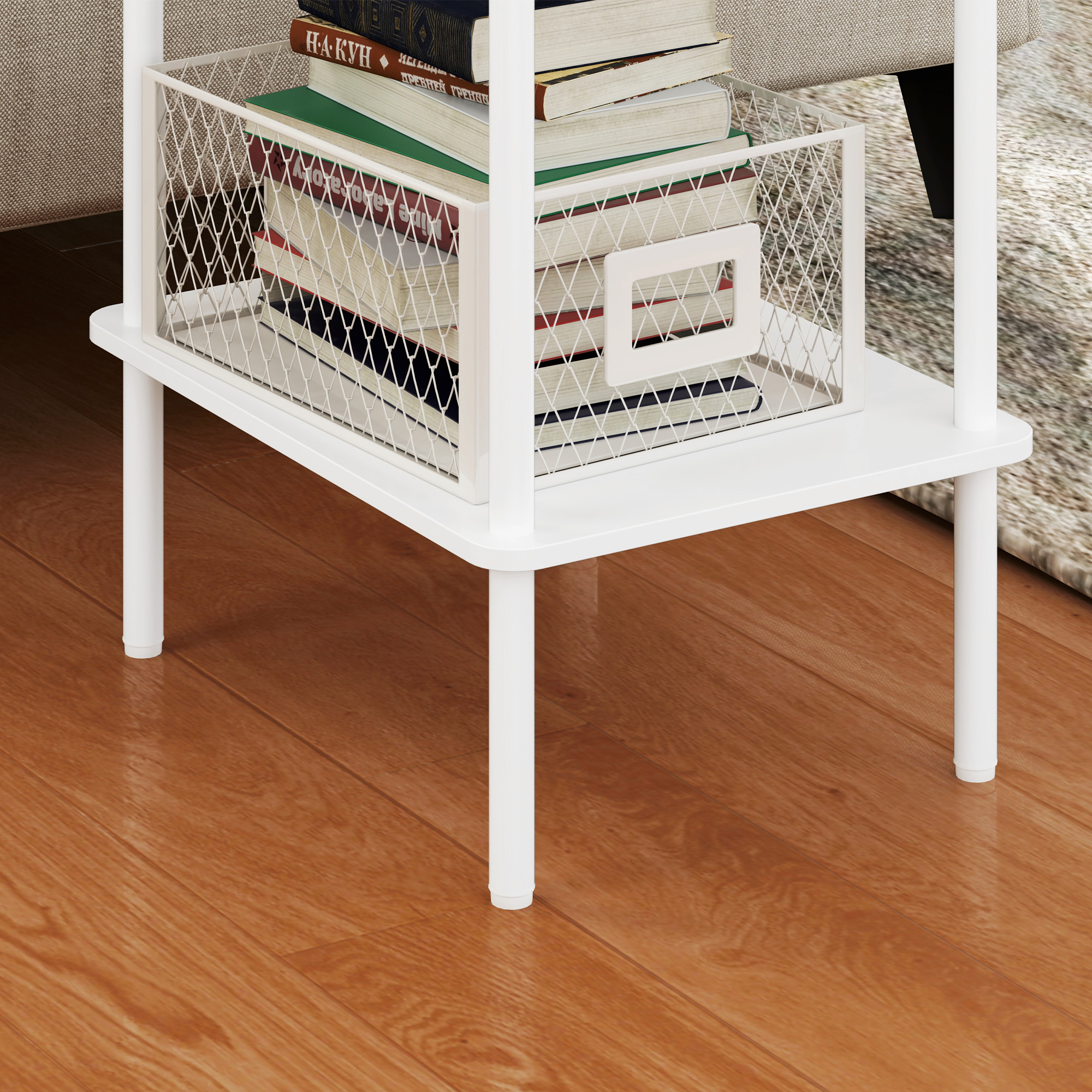 Moderner 2-stufiger Beistelltisch mit Aufbewahrungsfach und Metallrahmen für Wohnzimmer, Schlafzimmer, Weiß