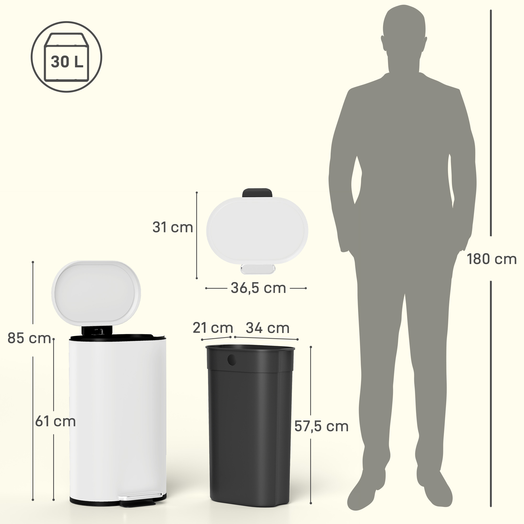 Mülleimer Küche 30 Liter Treteimer mit Soft-Close-Deckel, Pedal aus Metall, Cremeweiß, 36,5 X 31 x 61 cm