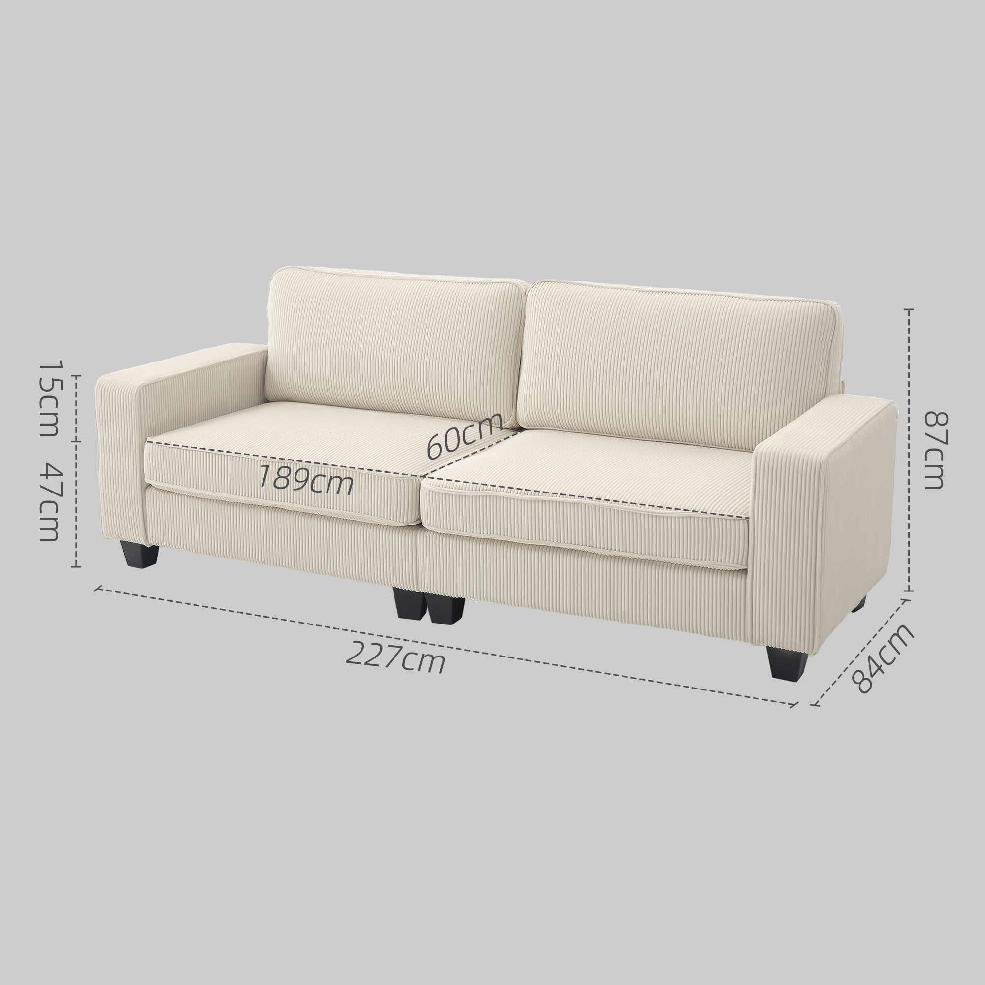 3-Sitzer Sofa mit Cordbezug, Wohnzimmersofa mit Federkern, bis 400 kg, 227 x 84 x 87 cm, Cremeweiß