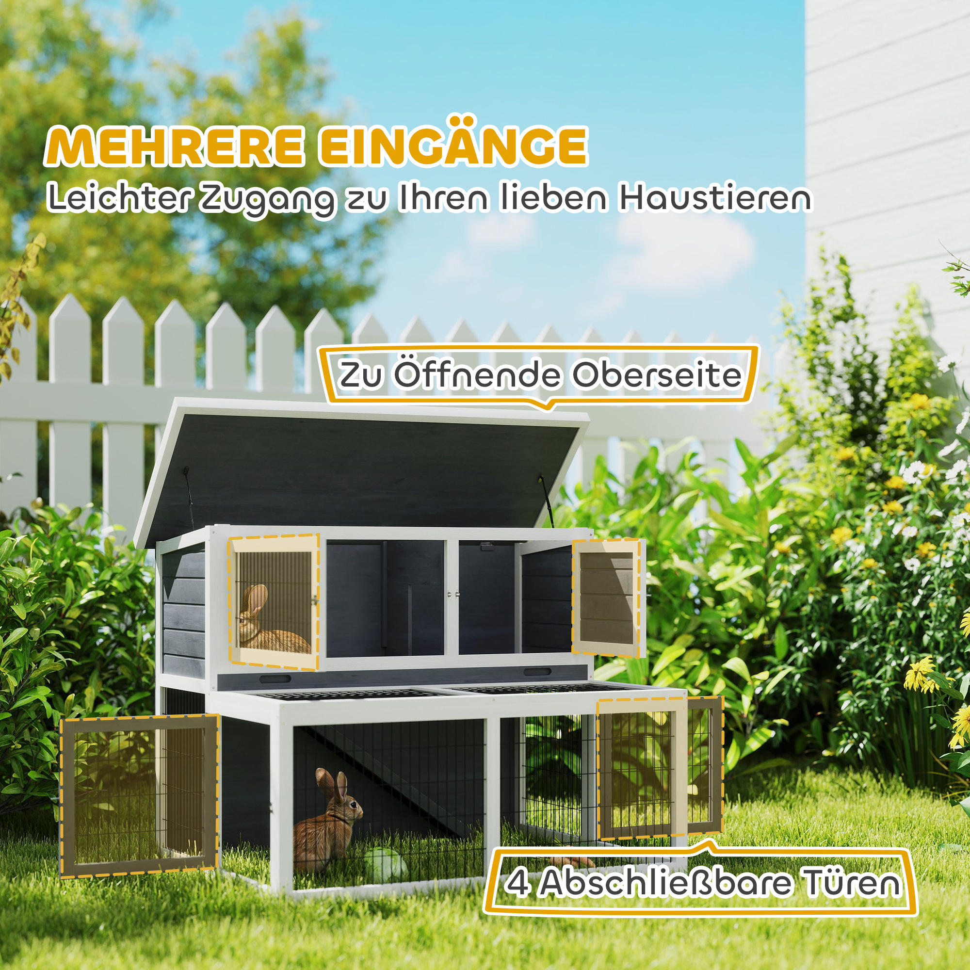 Hasenstall 2 Ebenen mit klappbar Dach Kaninchenstall aus Vollholz Winterfest Doppelstockhaus 122x95x93,5 cm Grau