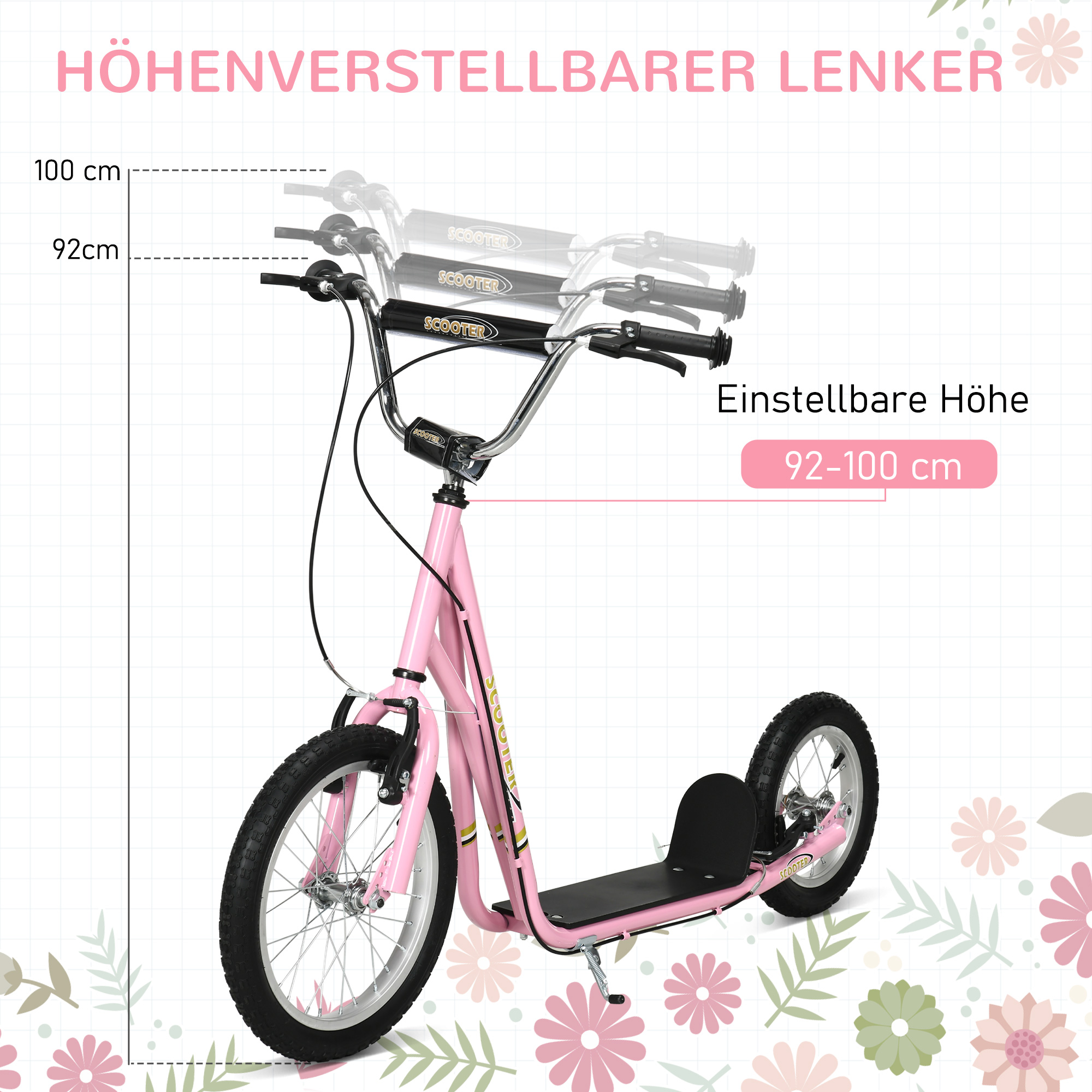 Roller, Kinderroller mit Luftreifen & Handbremse, 16 Zoll Tretroller höhenverstellbar, ab 5 Jahre, Cityroller, Kinder Scooter rosa
