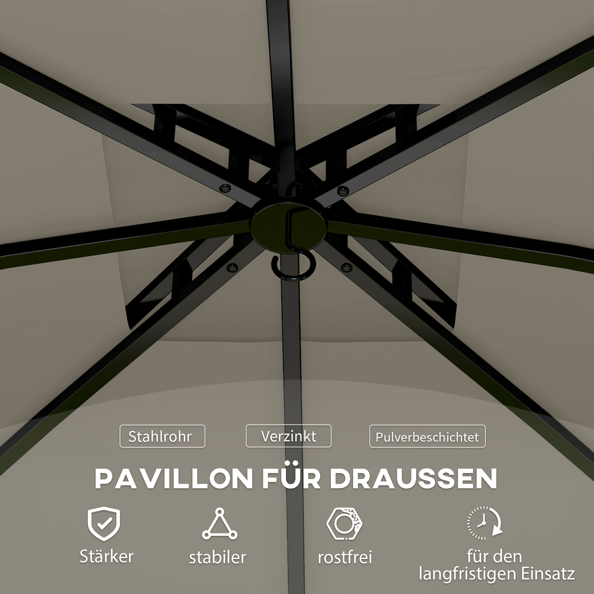 3,4 x 3,4 m Gartenpavillon, Bierzelt mit Lüftungsdach, Bogenfenstern, Stahlgestell, Hellgrau