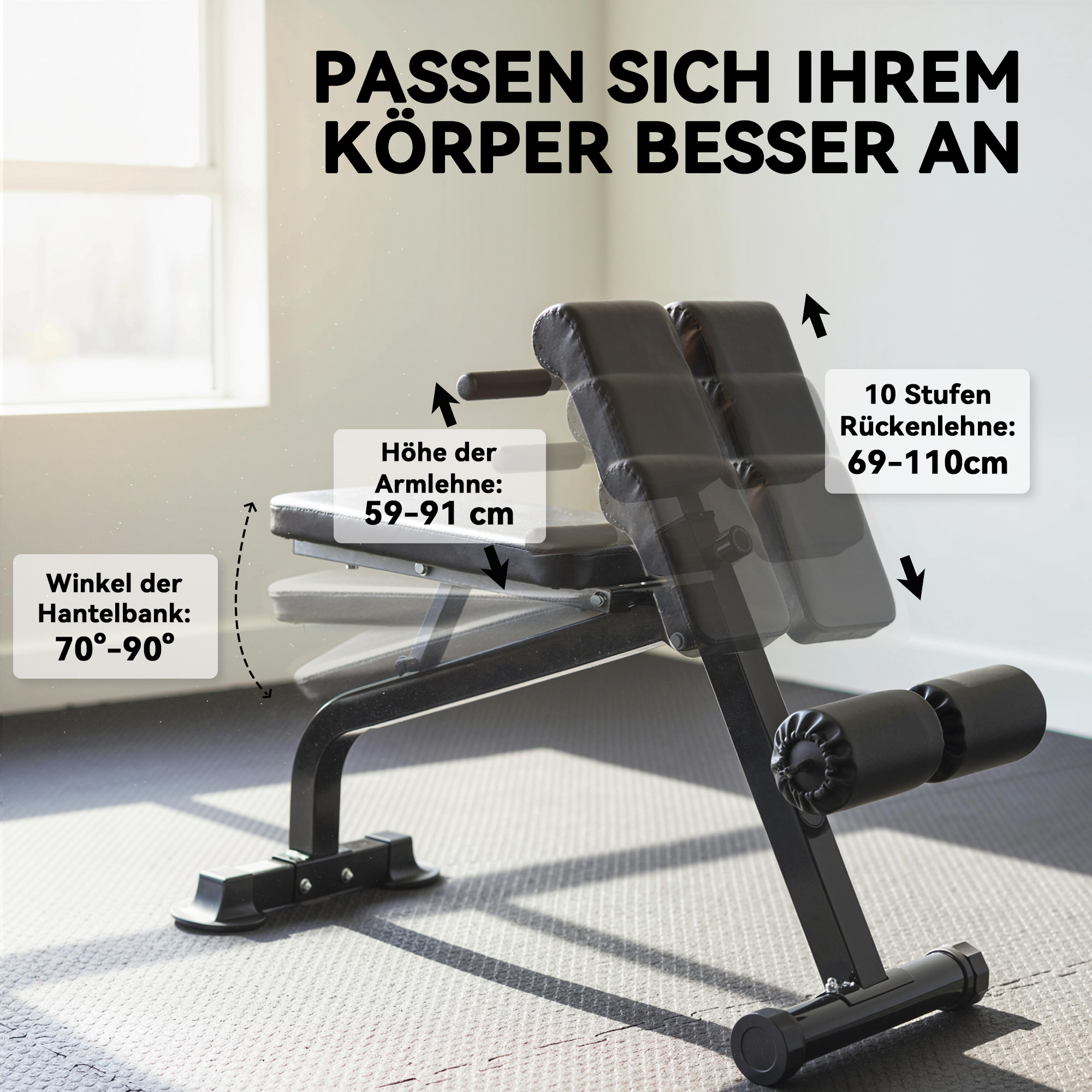 Trainingsbank, Hantelbank, Fitnessbank, Stahlrahmen, Schwarz