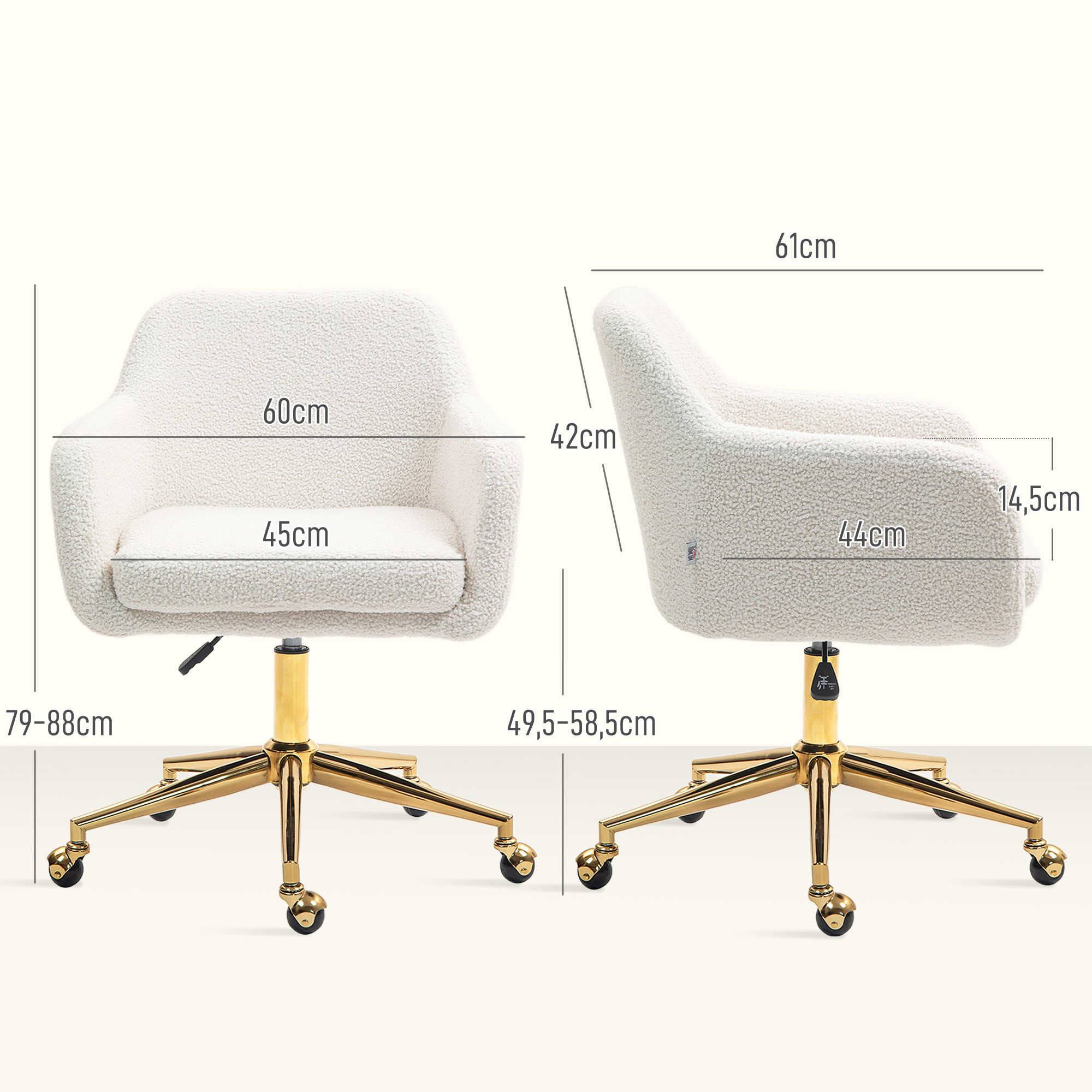 Homeoffice-Stuhl, höhenverstellbarer Bürostuhl mit Rollen, Samtartiger Bezug, Metallbasis, Cremeweiß