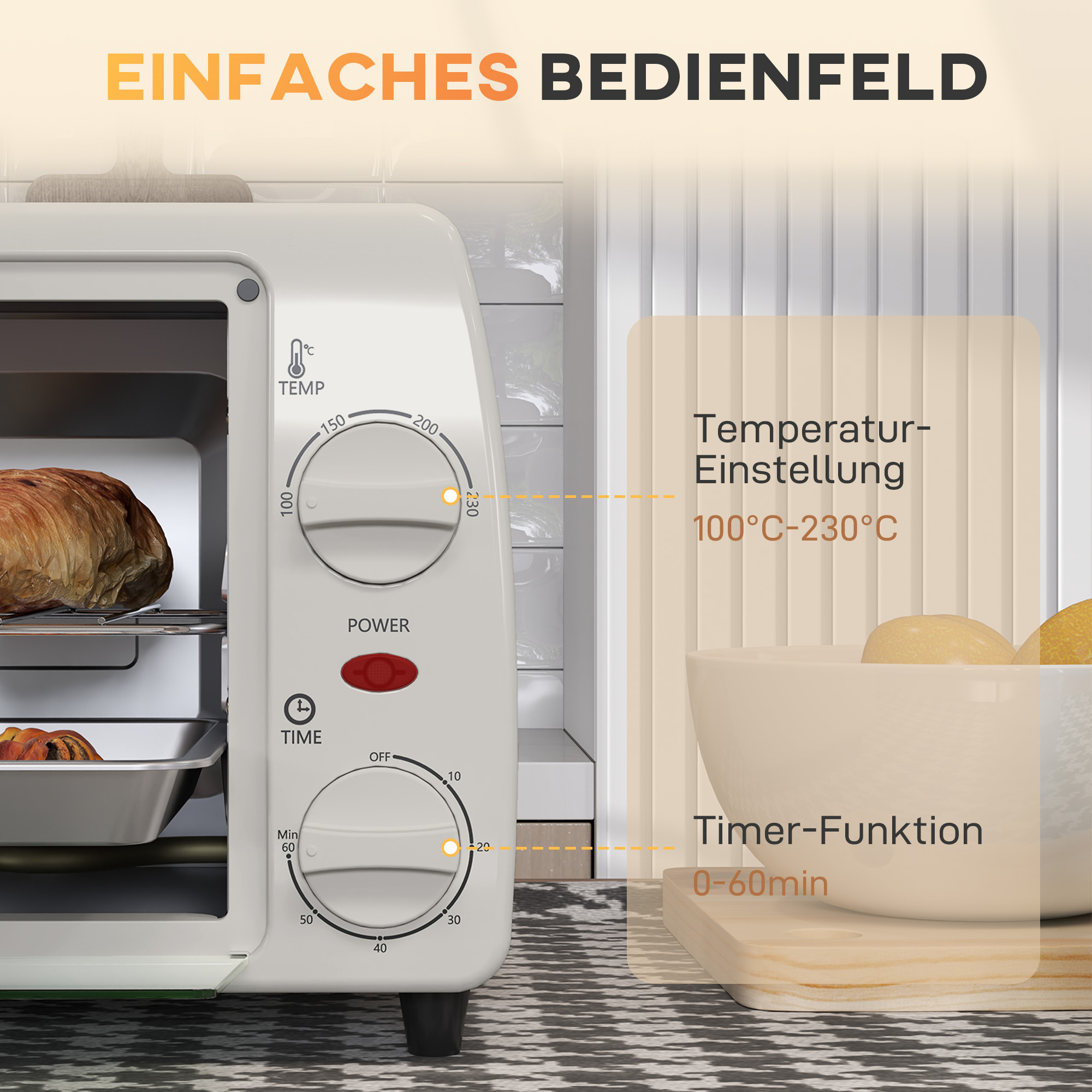 Mini-Ofen Toasterofen, 1 Backblech, 1 Grilrost, 10 L Kapazität, Timer-Funktion, 36,5 cm x 26 cm x 22 cm, Cremeweiß