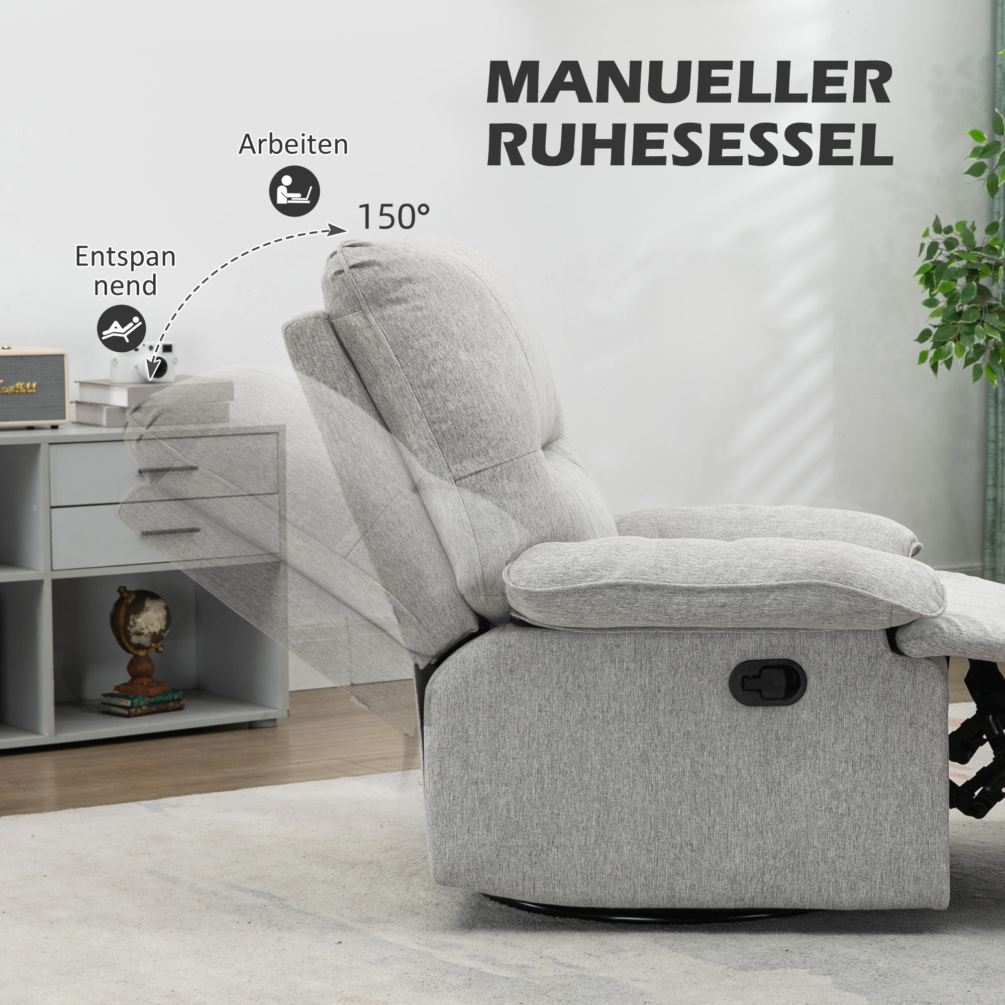 Relaxsessel mit Liegefunktion, Fußstütze, bis 160 kg, 89x98x101cm, Hellgrau