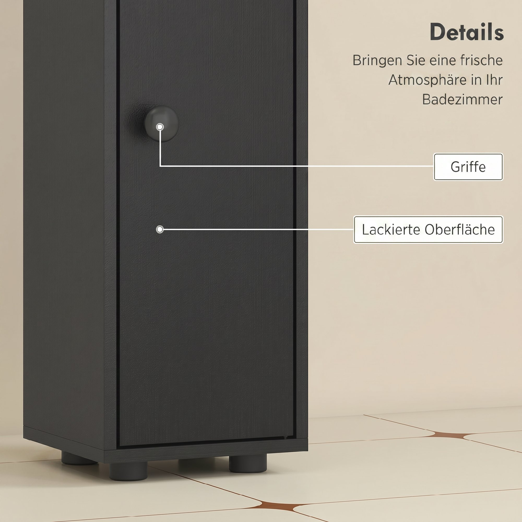 180 cm Schmaler Badezimmerschrank, Toilettenpapierregal mit offenen Fächern, 2 Schränken, Schwarz
