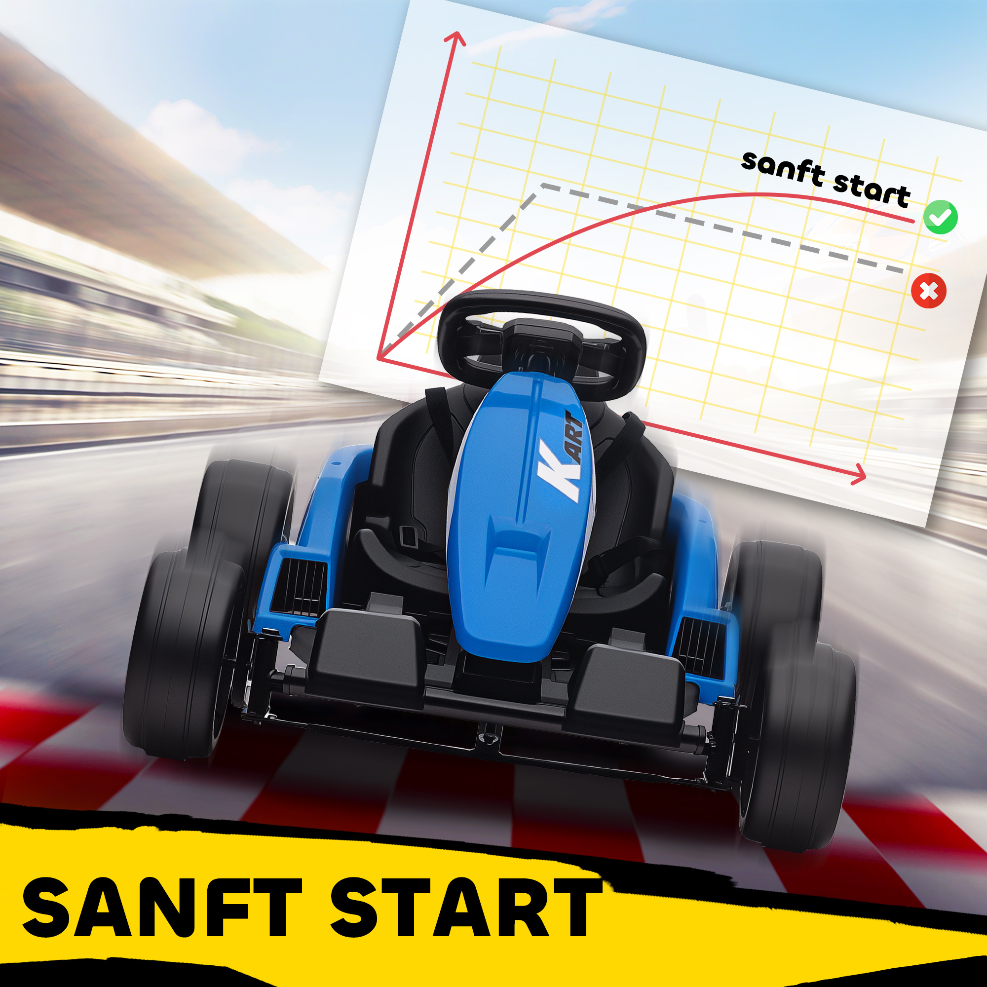 24V elektrisches Go-Kart, Drift-Modus, verstellbarer Sitz, 5-Punkt-Sicherheitsgurt, Musikfunktion, Hupe, 6-12 Jahre Blau