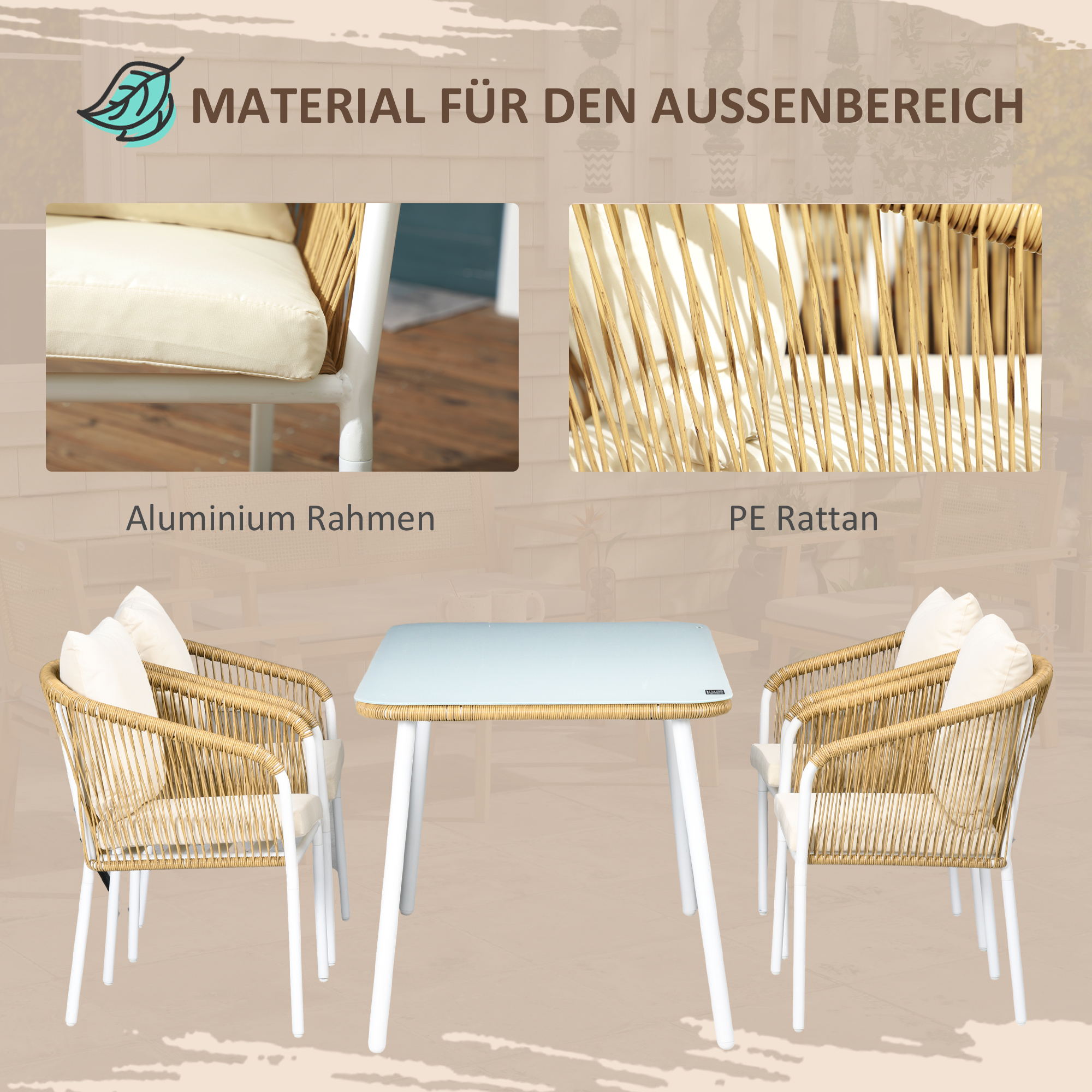 Gartengarnitur, 5-teilig, Rattanoptik, Sitz- & Rückenkissen, rostfreier Alu-Rahmen, Gelb/Weiß/Beige