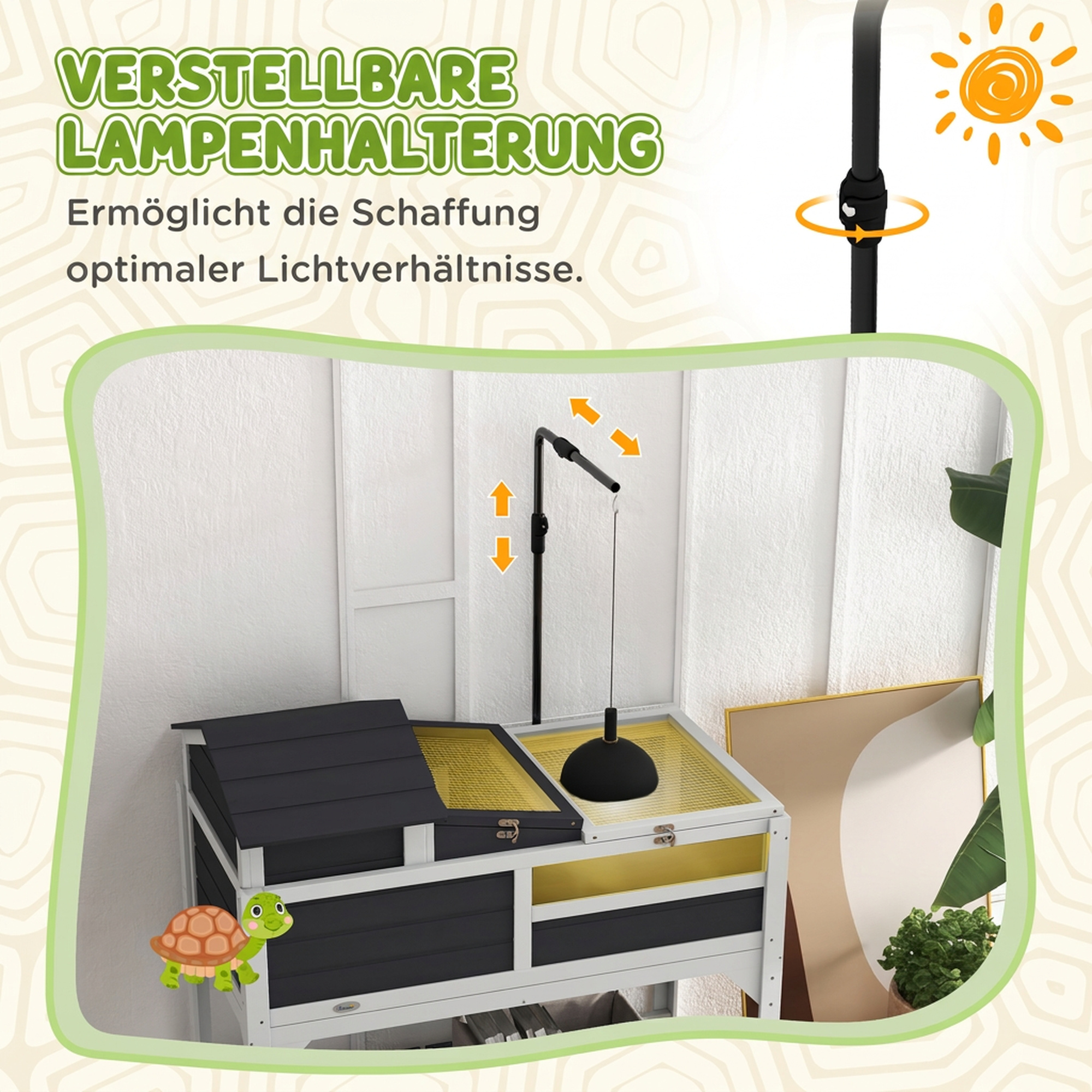 Schildkrötenhaus Holz 2-stöckig Schildkrötengehege mit Regal, Lampenhalterung Haupthaus Acrylfenster Klappdach