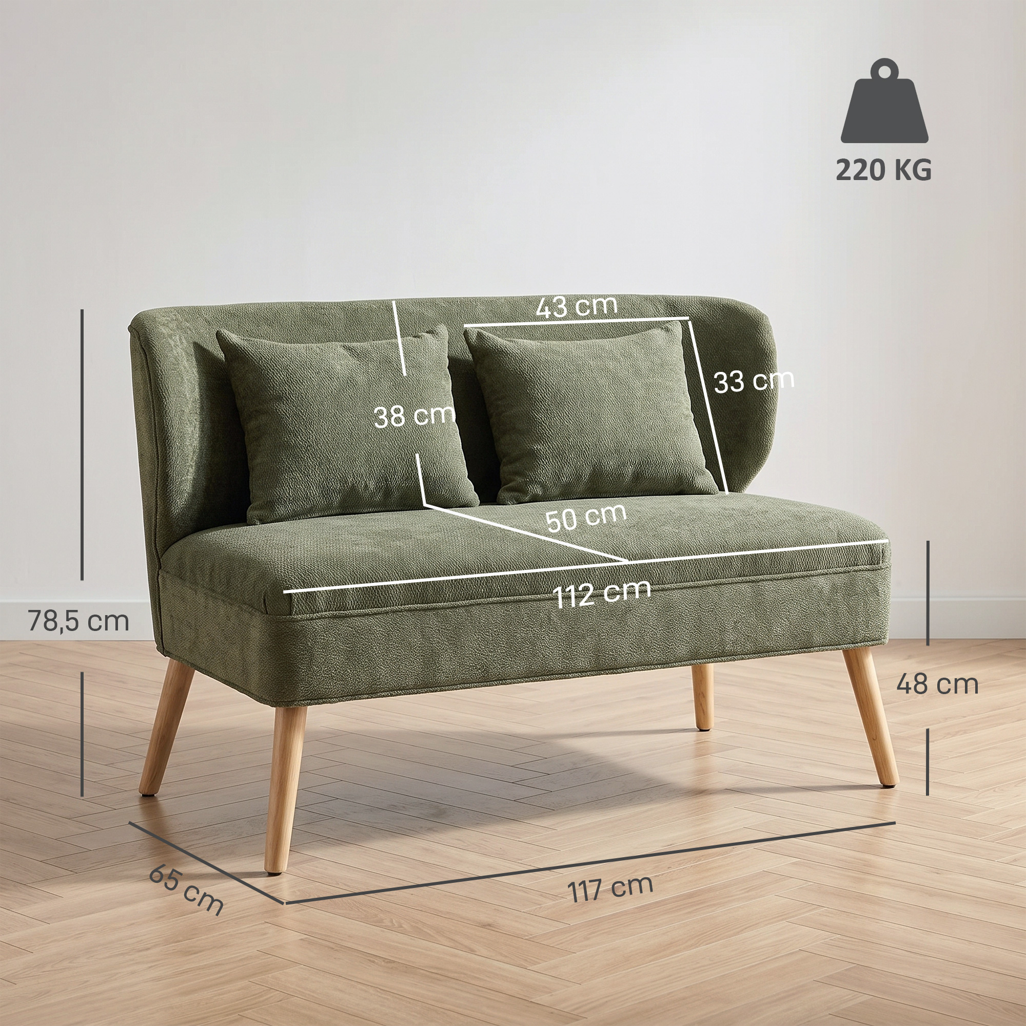 2-Sitzer-Sofa, kleines Chenille-Sofa mit Flügelrücken, dickem Sitz, Gummibaumholzfüßen, Dunkelgrün