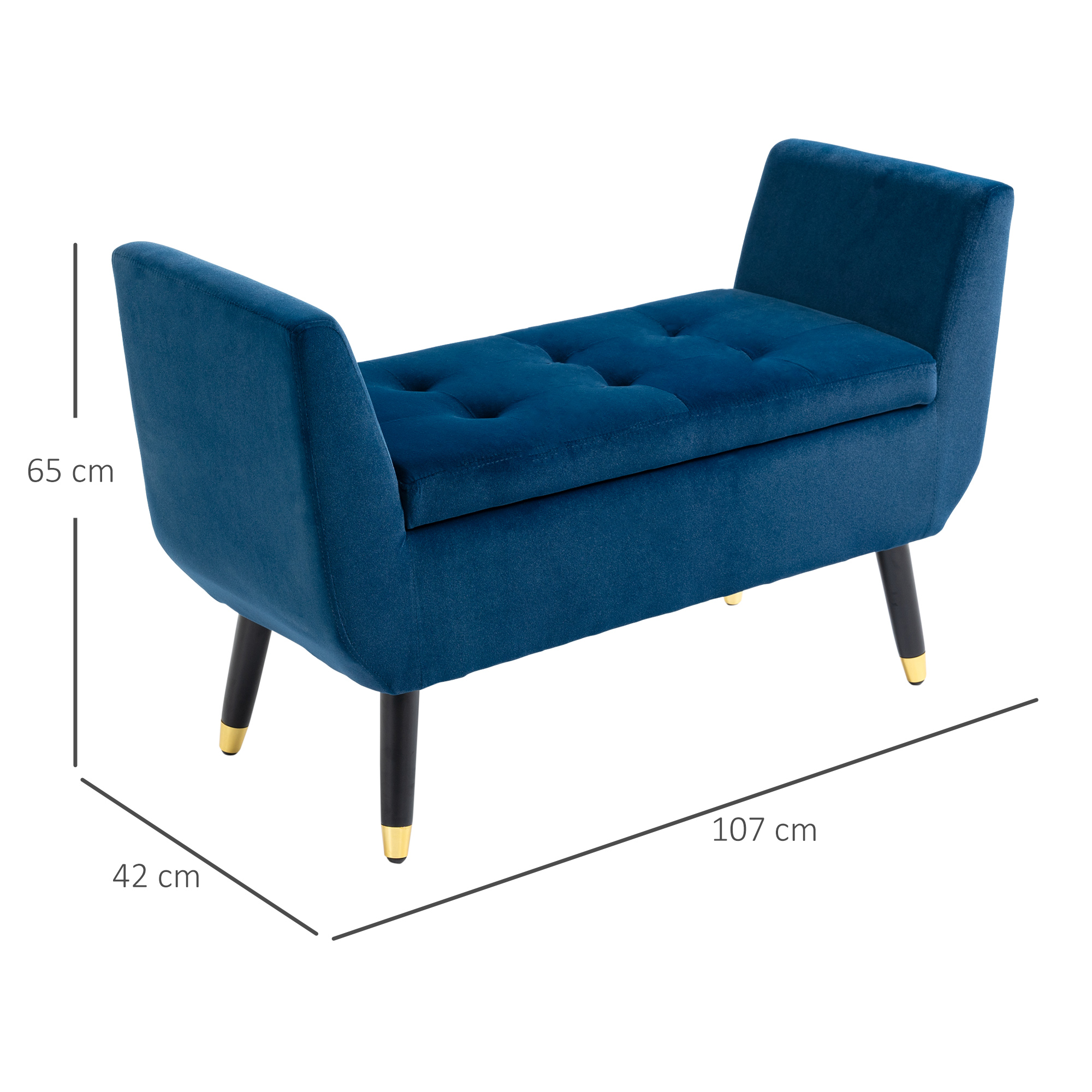 Sitzbank mit Stauraum Armlehnen Polsterbank mit Samtoptik, Sitztruhe mit Holzbeine, Truhenbank für Wohnzimmer Schlafzimmer Flur 107 x 42 x 65 cm, Blau